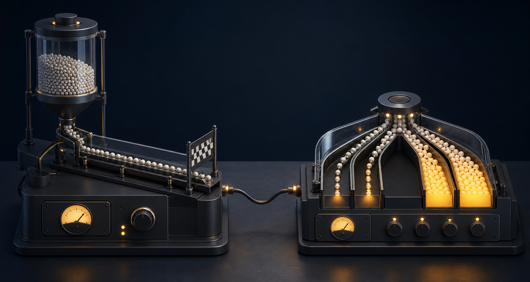Two separate control instruments show token flow toward a finish marker and tokens branching into several illuminated outcome channels.