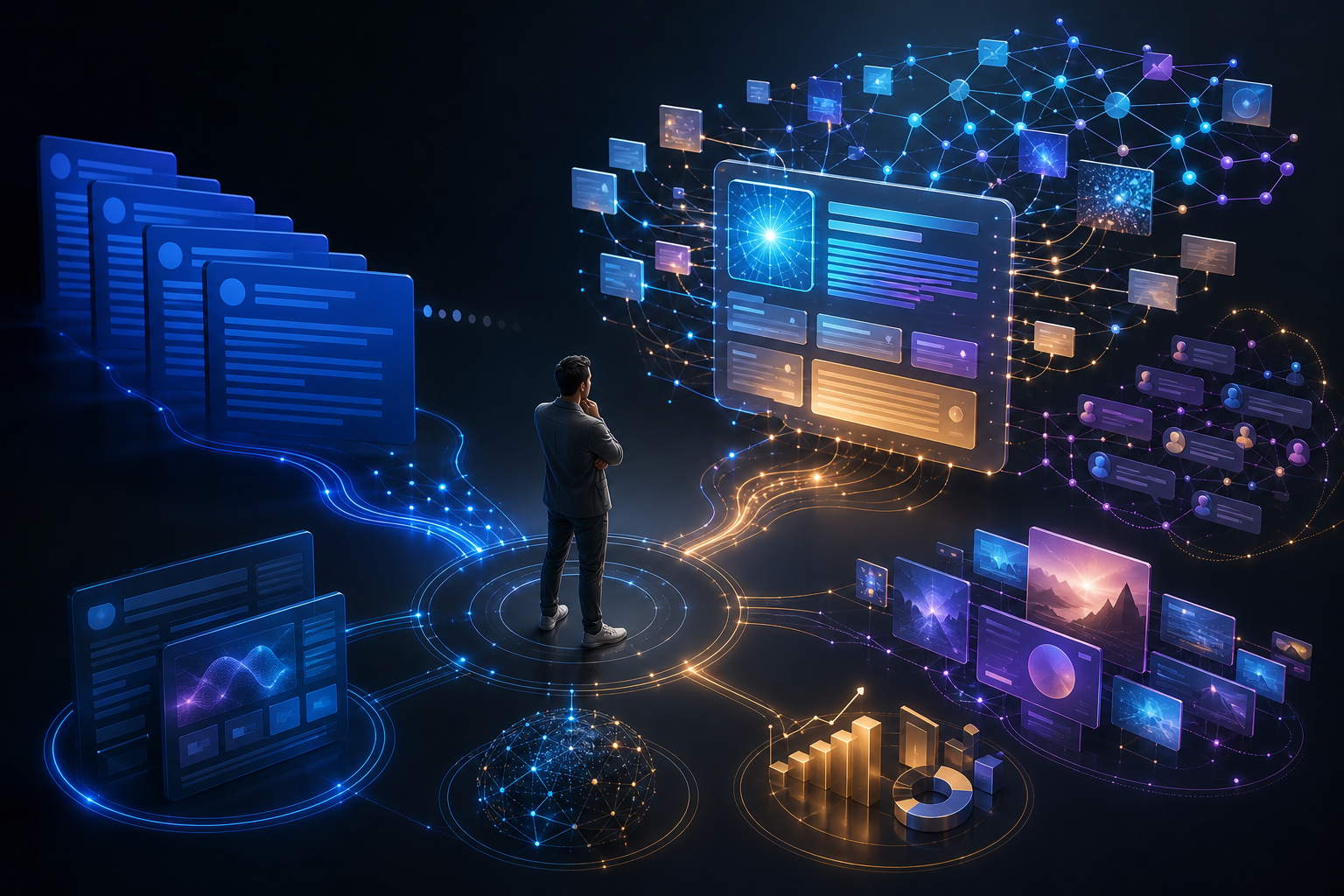 A strategist stands between a receding row of blue search-result tiles and a luminous AI answer assembled from interconnected source fragments.