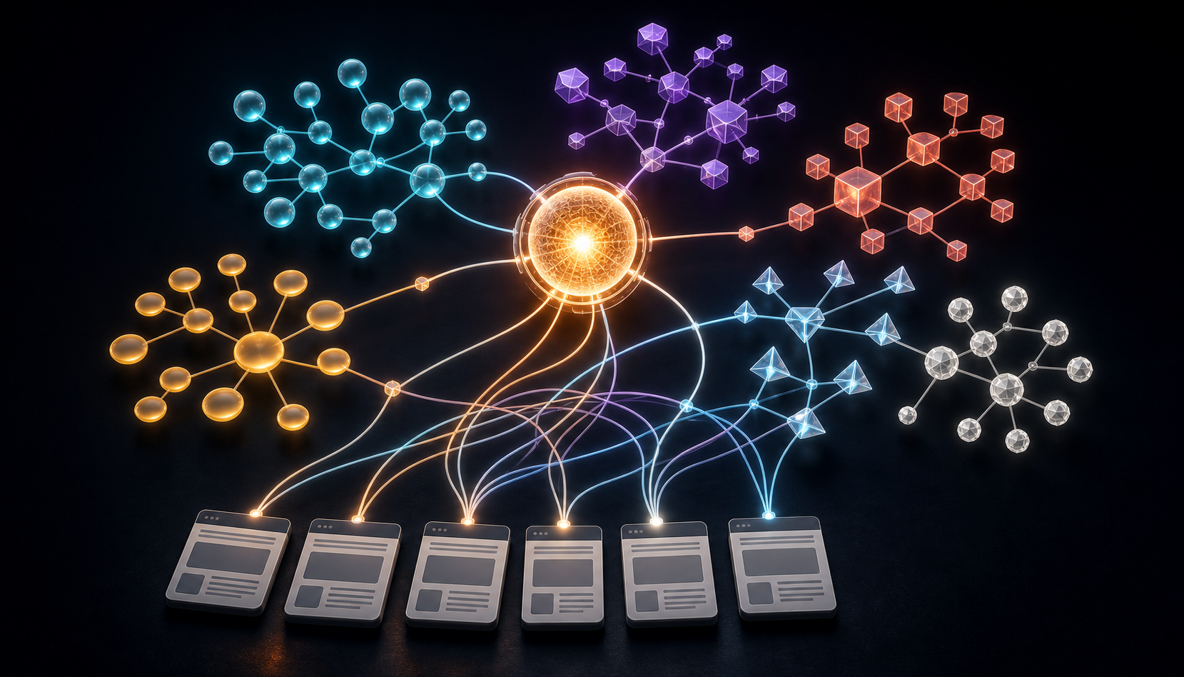 A glowing central node branches into several connected question clusters that converge on a set of modular web-page tiles.