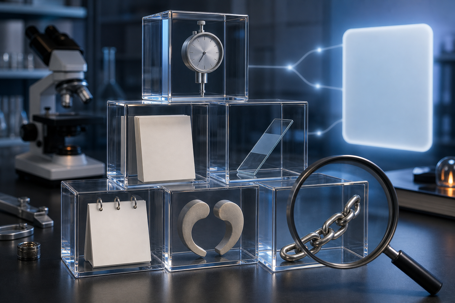 Transparent cubes containing research and verification objects are stacked on a workbench beneath a magnifying lens.