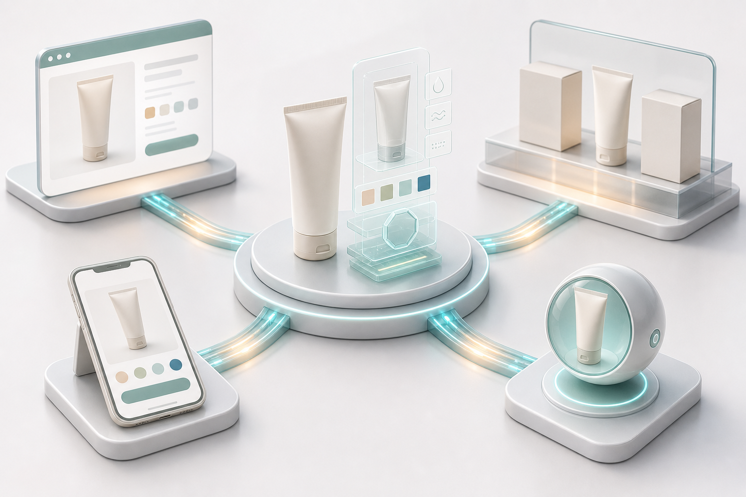 A central unbranded product and layered digital record connect to matching product representations across several shopping channels.