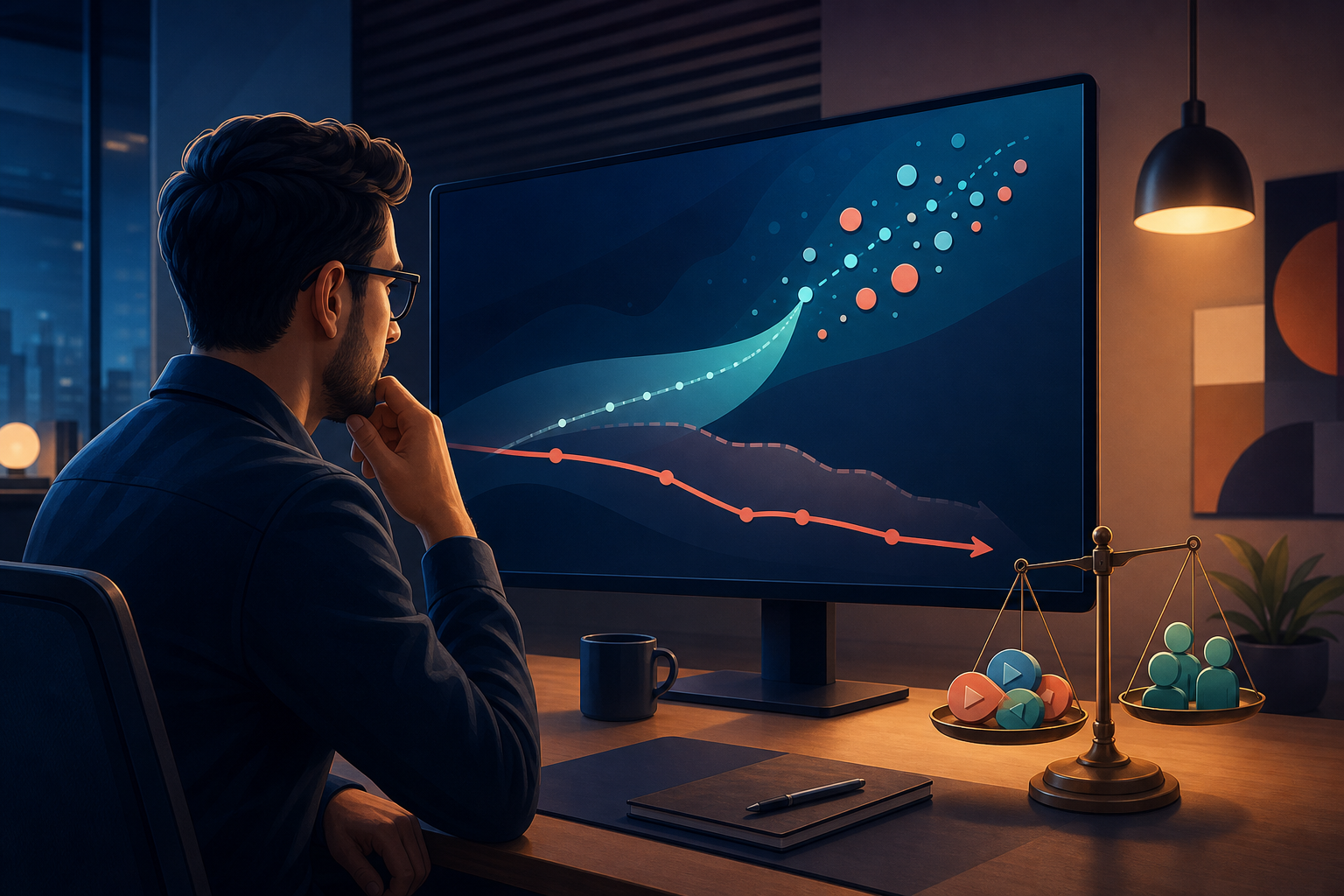 A marketer reviews abstract campaign performance graphics while a balance scale compares advertising tokens with conversion symbols.