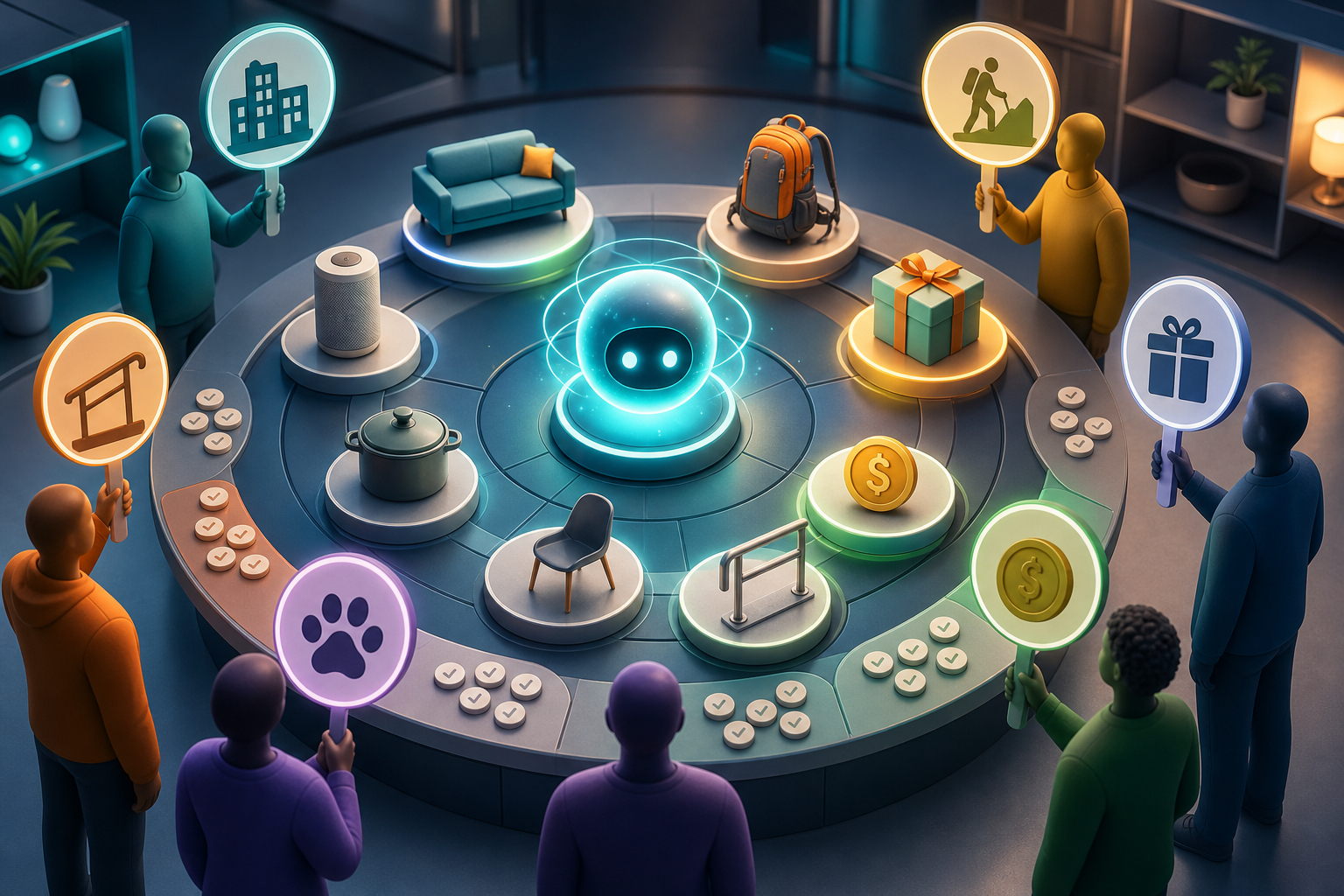 Anonymous shoppers surround an AI assistant display where different unbranded products are highlighted for varied shopping needs.