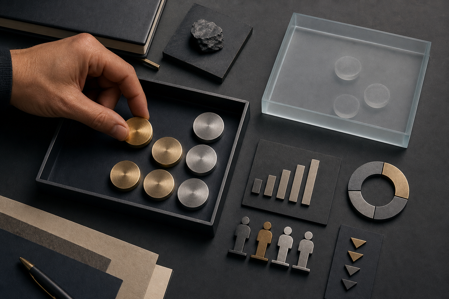 A hand places solid budget tokens into a campaign tray while faint translucent tokens remain in a separate uncertain tray.