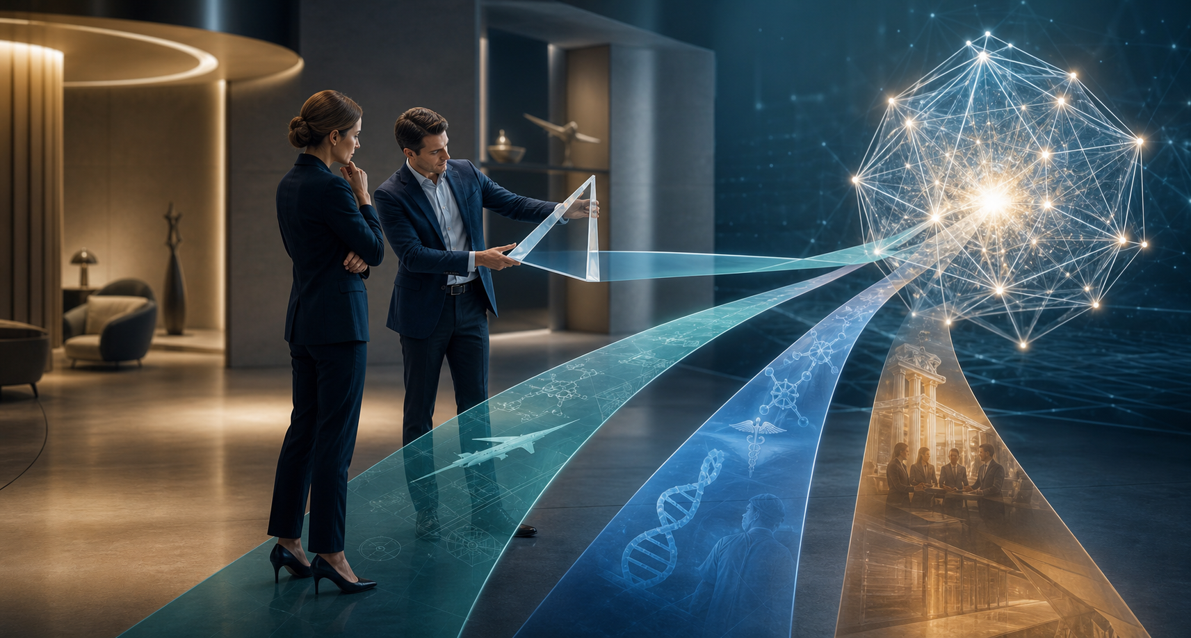 A decision-maker and specialist adviser align a prism with one of several pathways leading to an abstract AI discovery network.