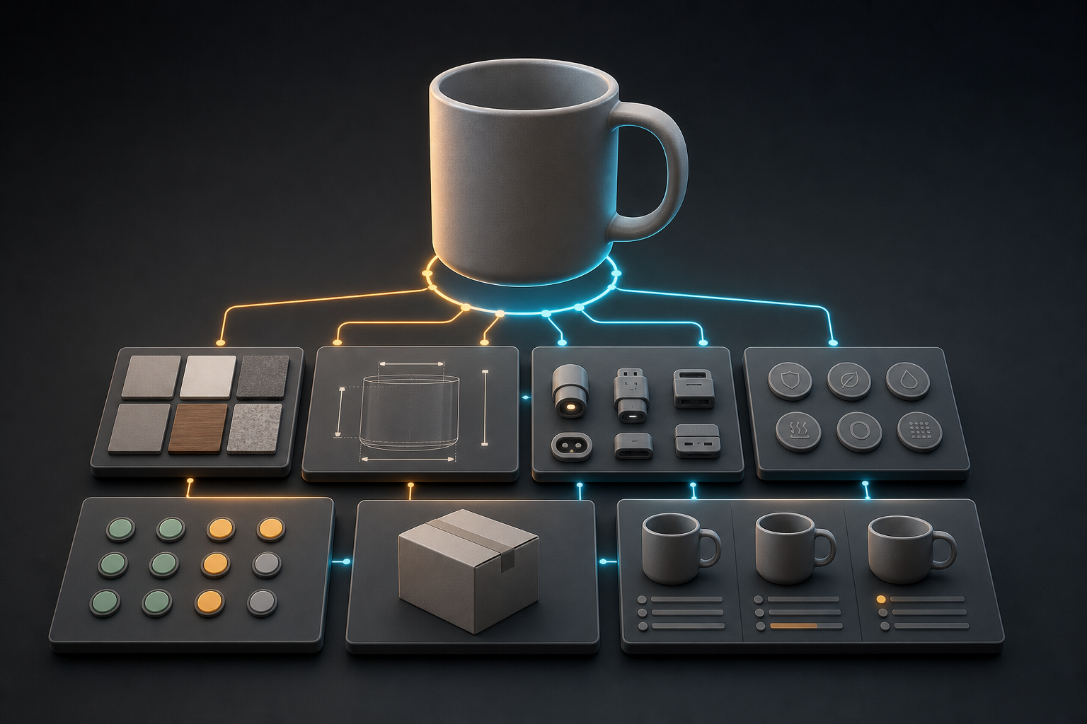 A product floats above connected tiles representing its materials, dimensions, compatibility, availability, and shipping details.