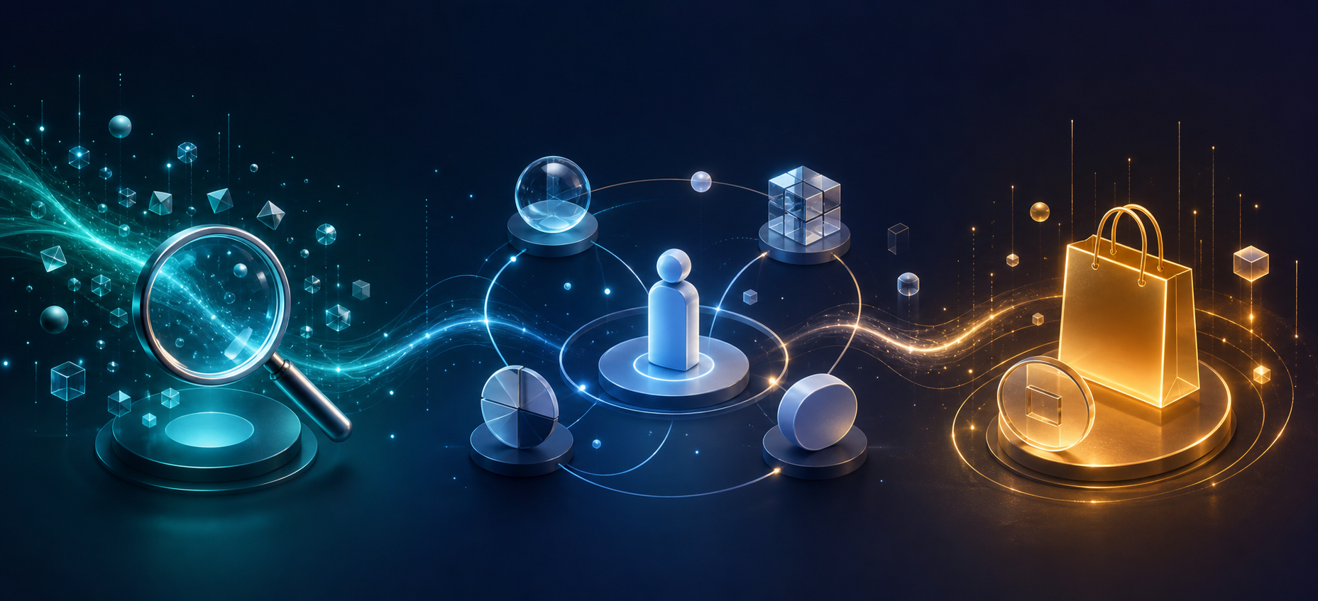 Three connected visual zones show signals being discovered, product options influencing a shopper, and a final path ending in a purchase.