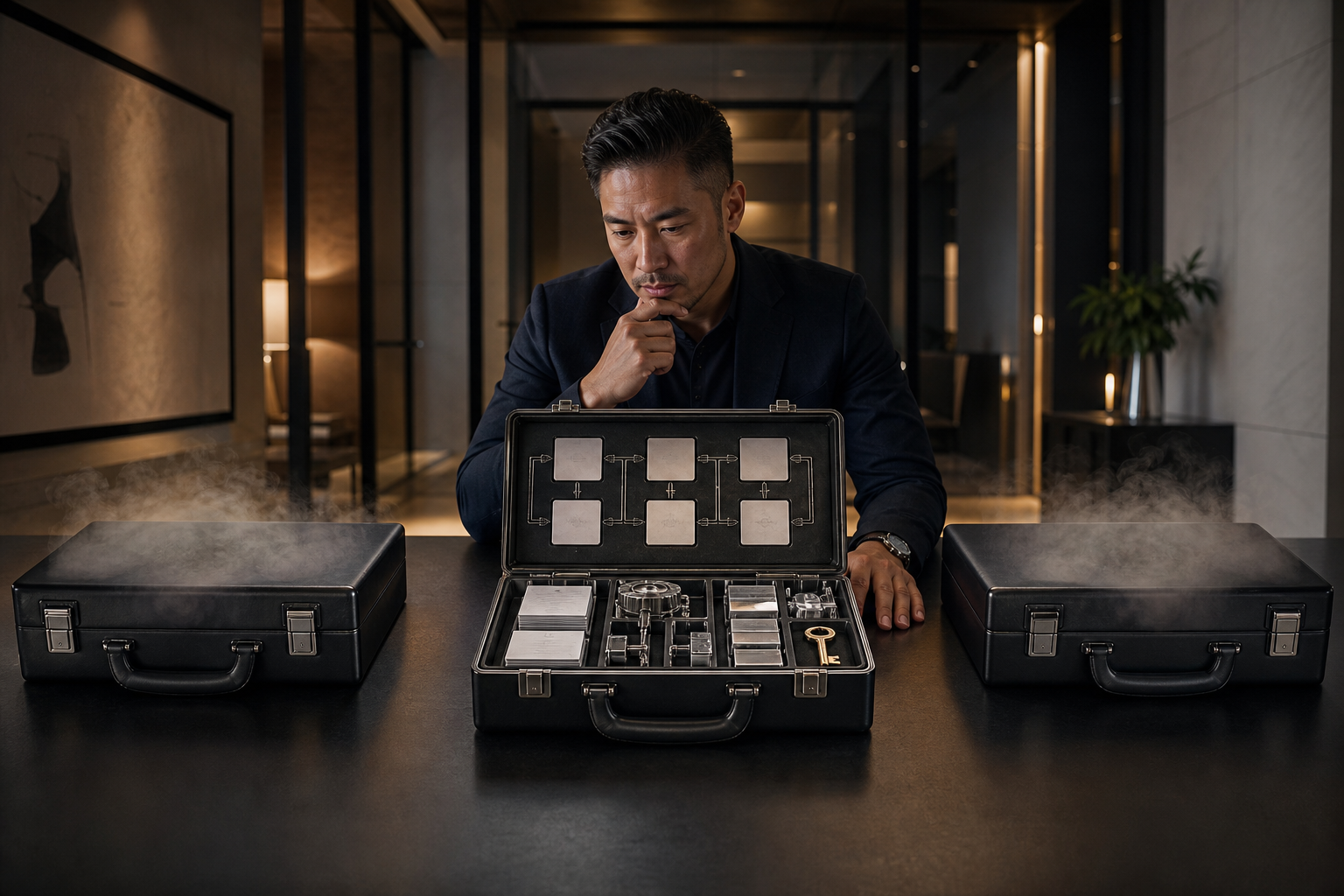 A business professional compares three agency presentation cases, one containing a visible working process while the others release indistinct mist.