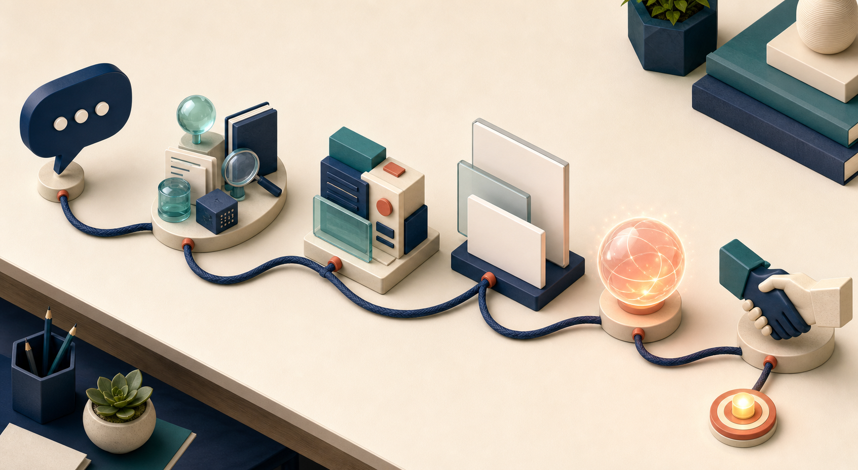 An isometric workflow connects a buyer question to research, content, publishing, an answer engine, and a business outcome.