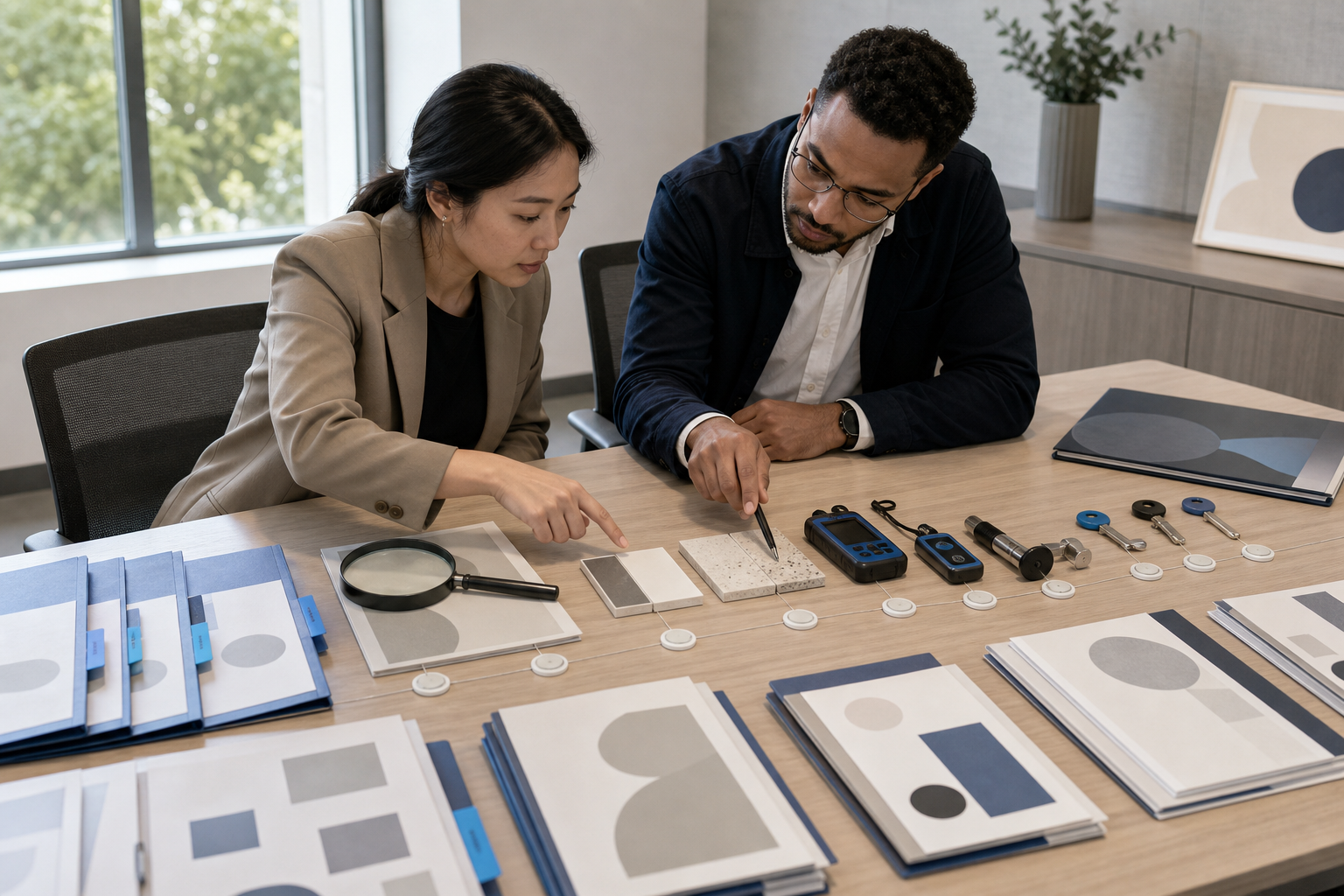 Two professionals examine organized source materials, test artifacts, and ownership keys during an agency evidence audit.
