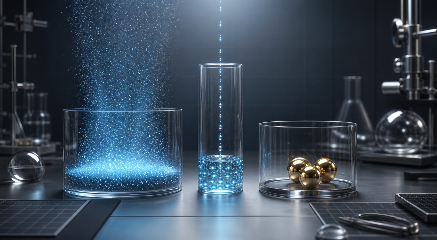 Three transparent laboratory vessels separately collect glowing mist, droplets, and golden spheres on a measurement workbench.