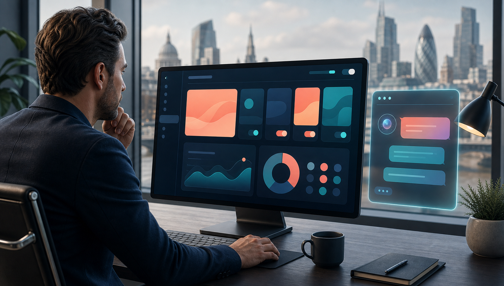A UK advertising strategist reviews blank campaign controls and a conversational interface on a monitor in a London office.