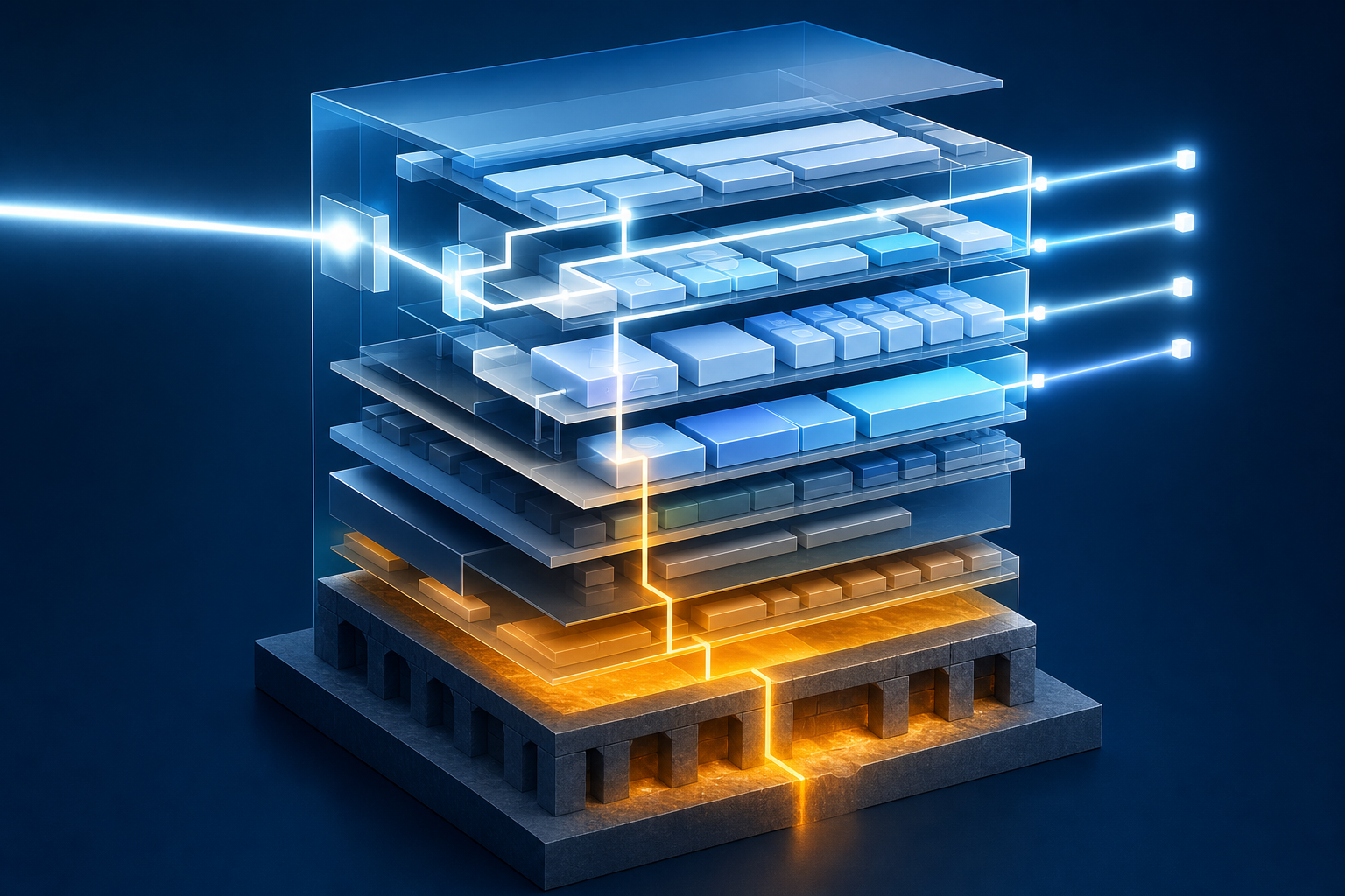 A cutaway digital structure shows organized content blocks guiding a beam toward clear reference points and a stable foundation.