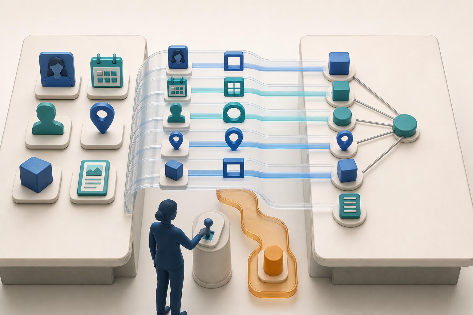 Editorial content objects cross a translucent bridge into matching connected data entities while an editor manages an exception lane.