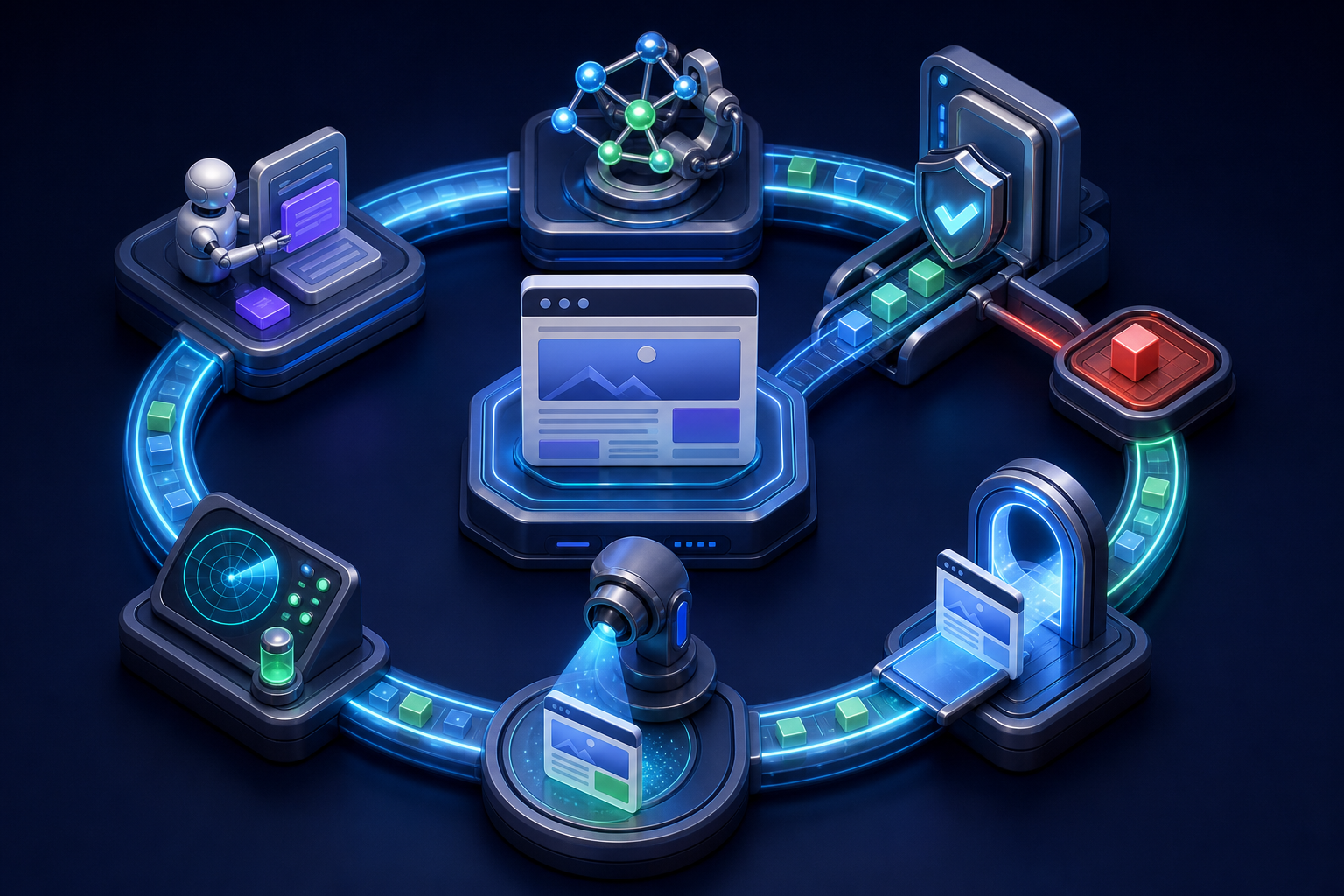 A circular publishing workflow moves a web page through generation, validation, deployment, scanning, and feedback, with one flawed item diverted for review.