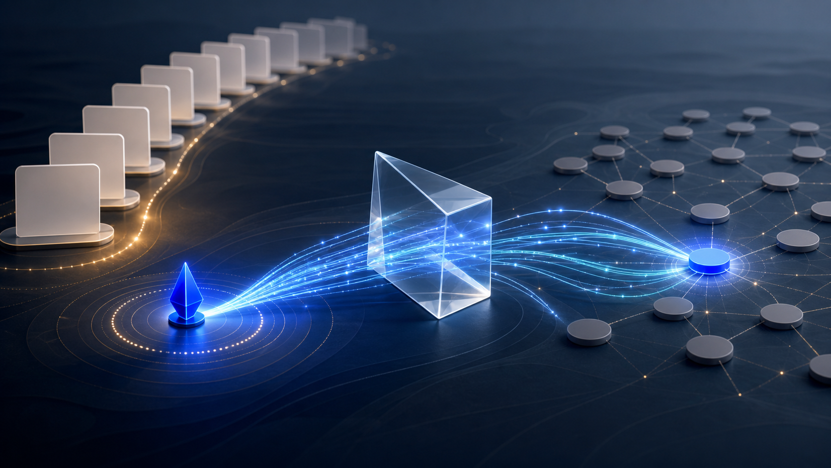 A blue source beacon sends organized information through a translucent prism while a separate row of muted result cards recedes in the background.