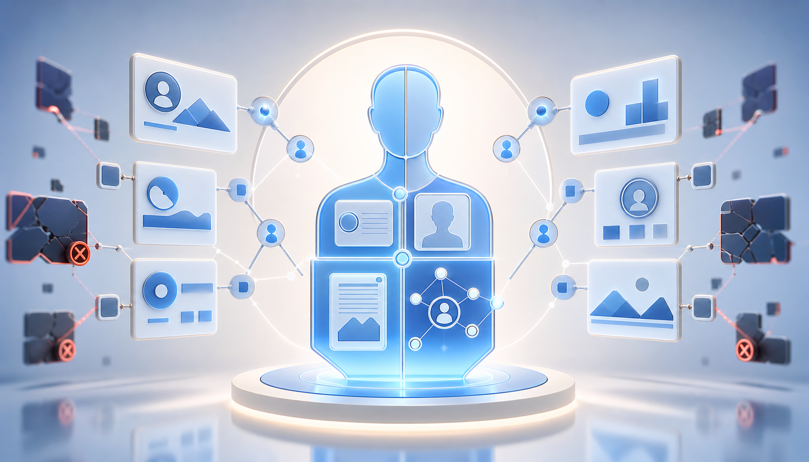 Verified digital evidence tiles connect around a central human silhouette while incorrect fragments detach from the surrounding network.