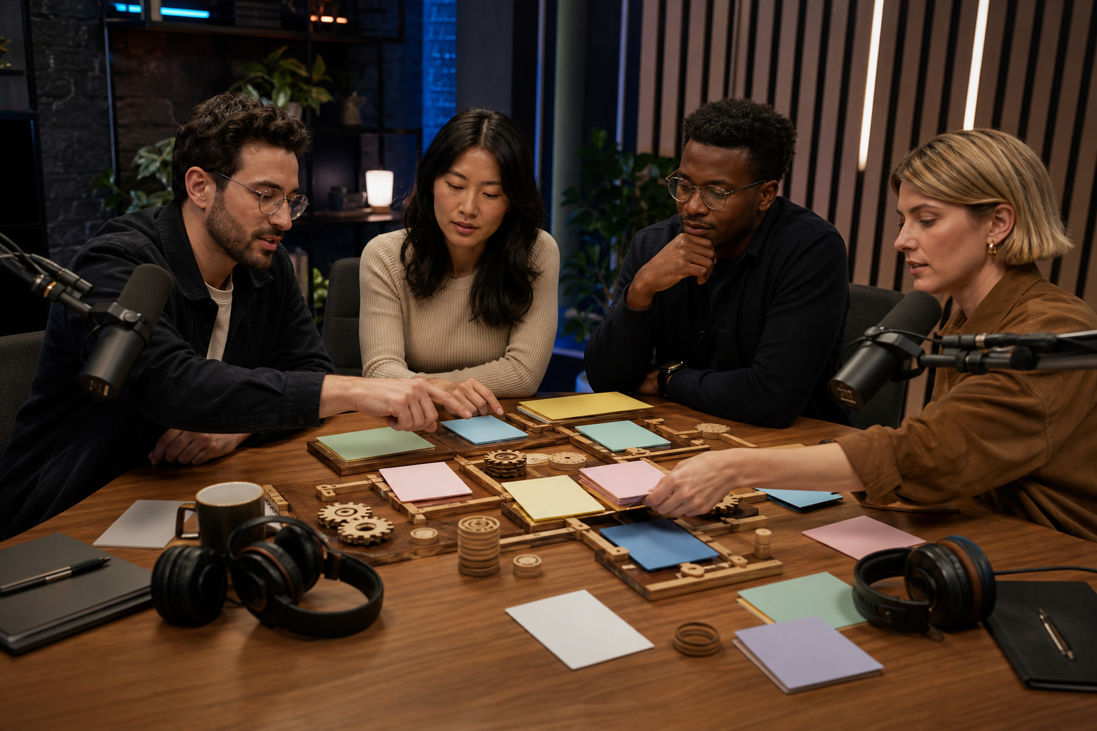 Podcast microphones surround a tabletop where a team arranges blank cards and modular components into a connected workflow.