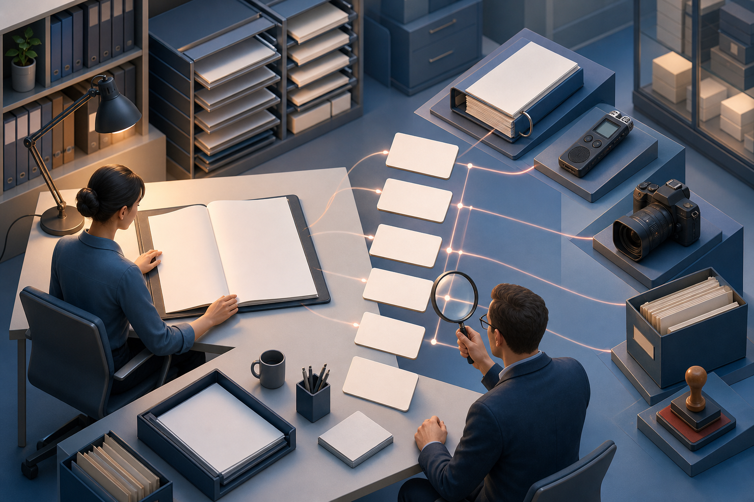 An editor and reviewer trace blank content cards to source documents, an interview recorder, a camera, and approval records.