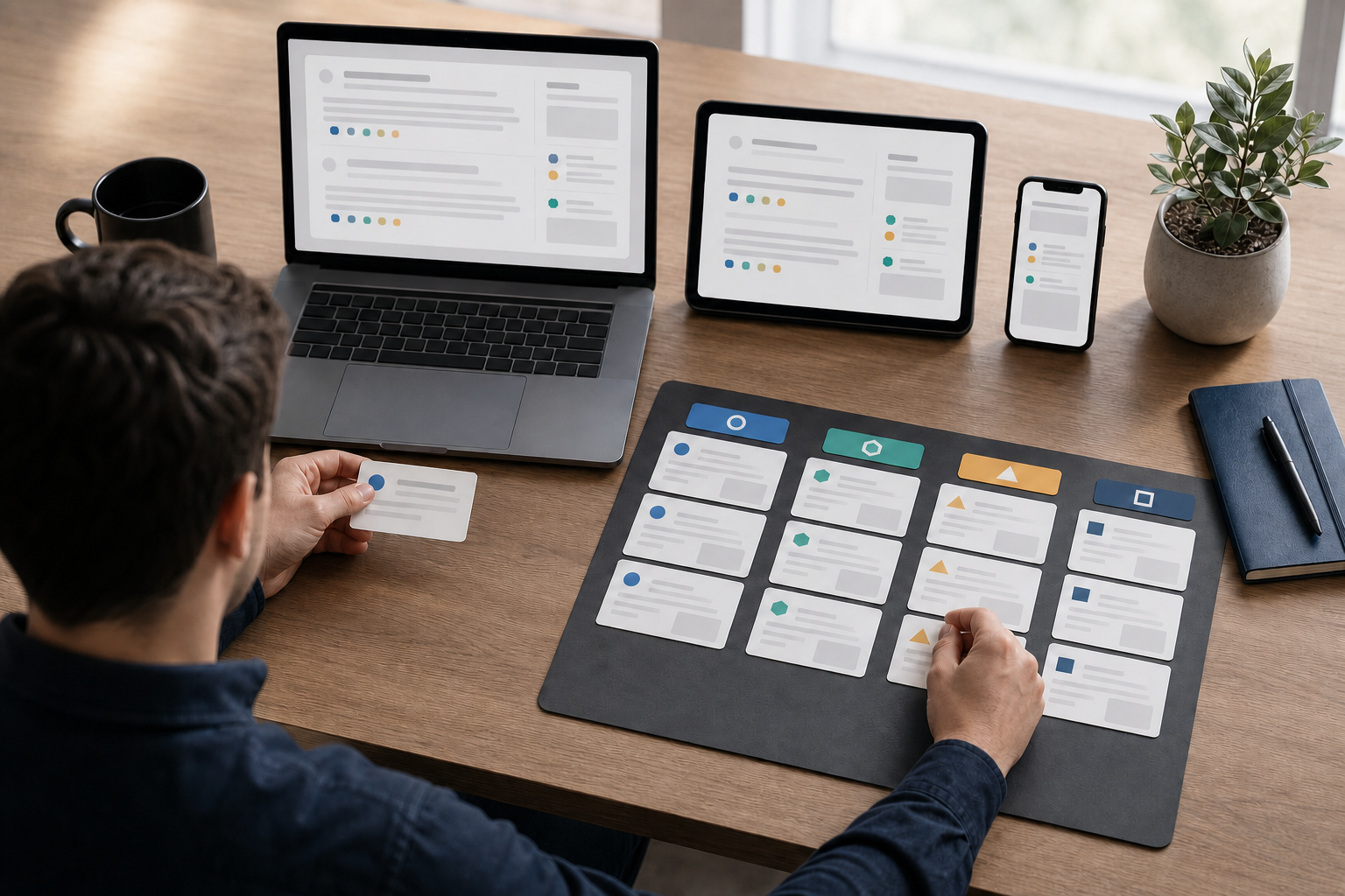 An analyst compares blank answer panels on a laptop, tablet, and phone while sorting colored cards and source markers on a desk.