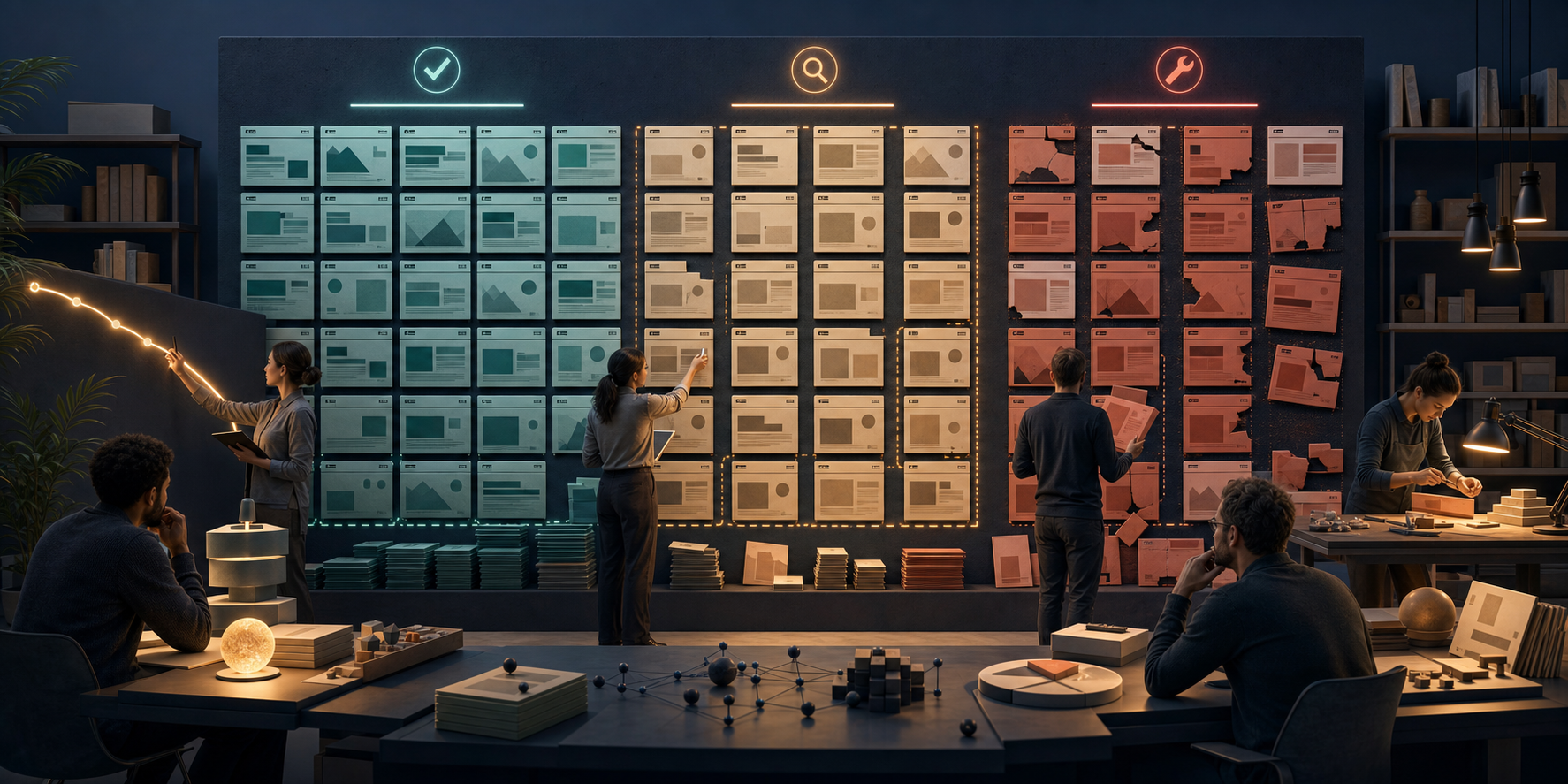 A publishing team inspects and sorts modular web-page tiles while preserving healthy pages and isolating others for review or repair.