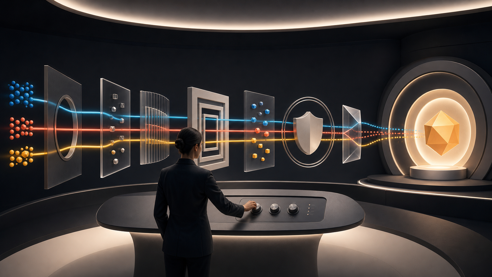 A strategist adjusts dials in an abstract control room as colored campaign signals pass through transparent gates toward a glowing destination.