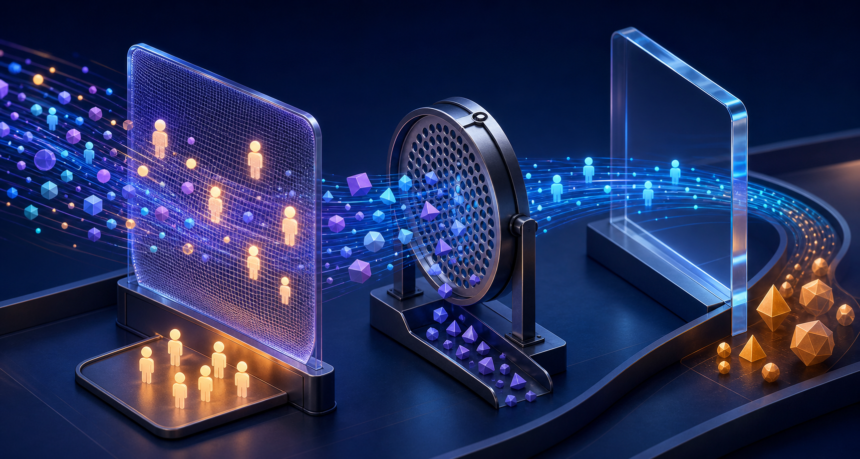 Three abstract filtering mechanisms separately sort audience particles, query-shaped fragments, and a protected cluster of campaign signals.