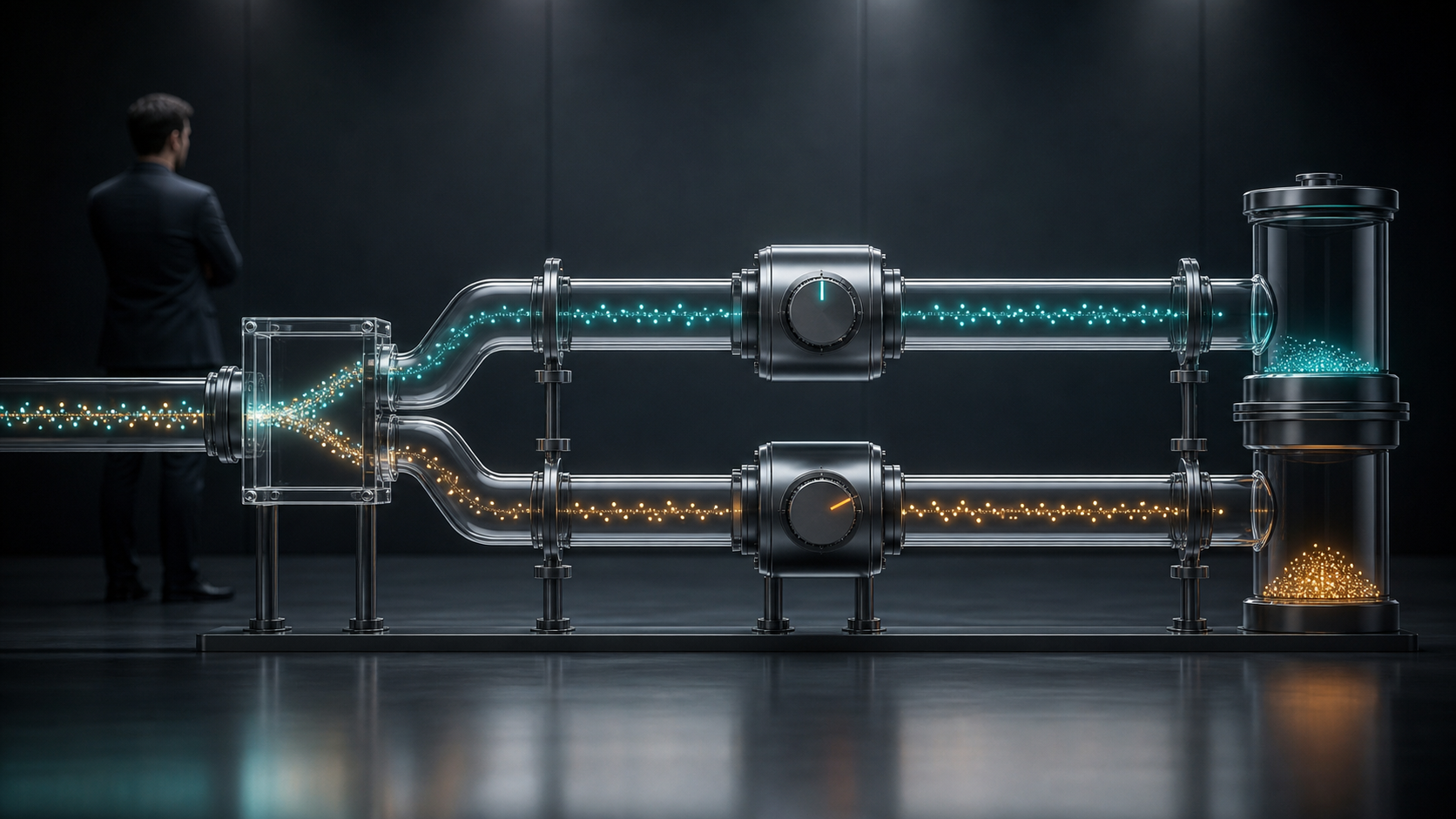 A strategist observes two parallel experiment lanes carrying identical light streams, with only one control dial set differently.