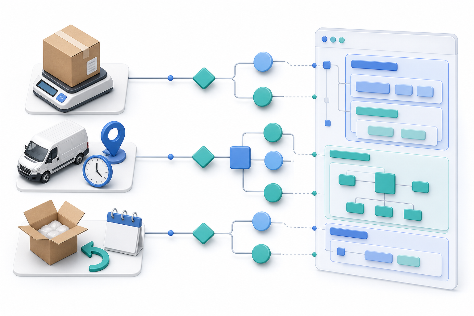 Top-down illustration of shipping and return objects flowing through connected nodes into nested structured-data modules.