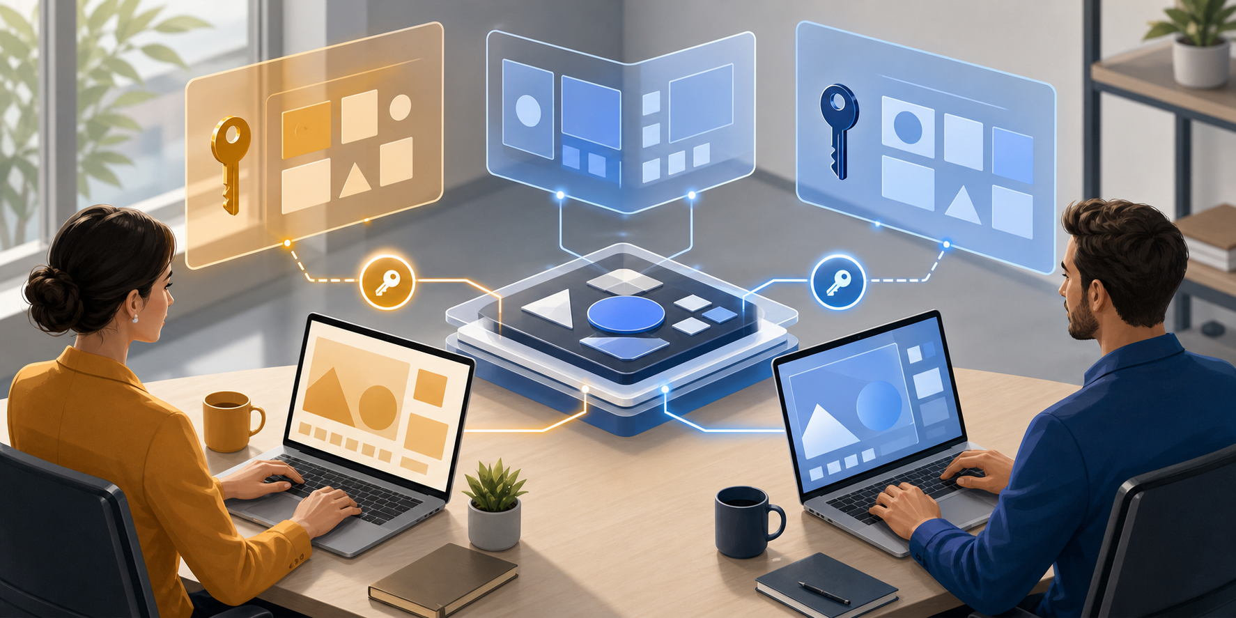 A client marketer and agency specialist use separate laptops connected to a shared campaign workspace with access symbols.