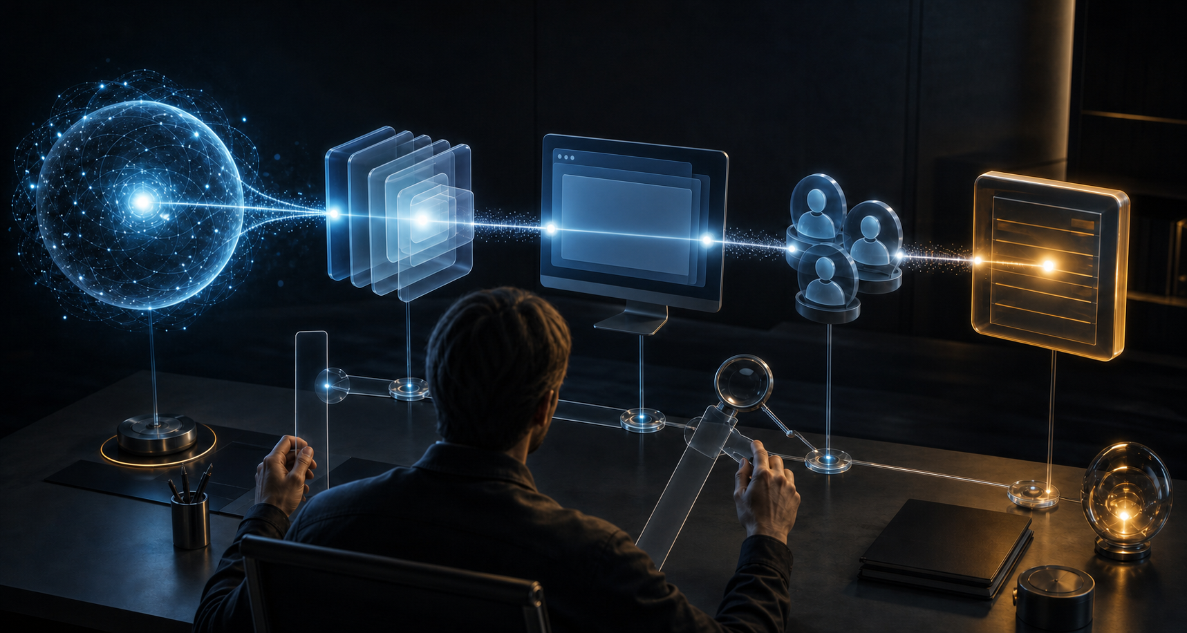 An analyst examines a glowing chain that connects an abstract AI search response with a website visit, qualified leads, and revenue.