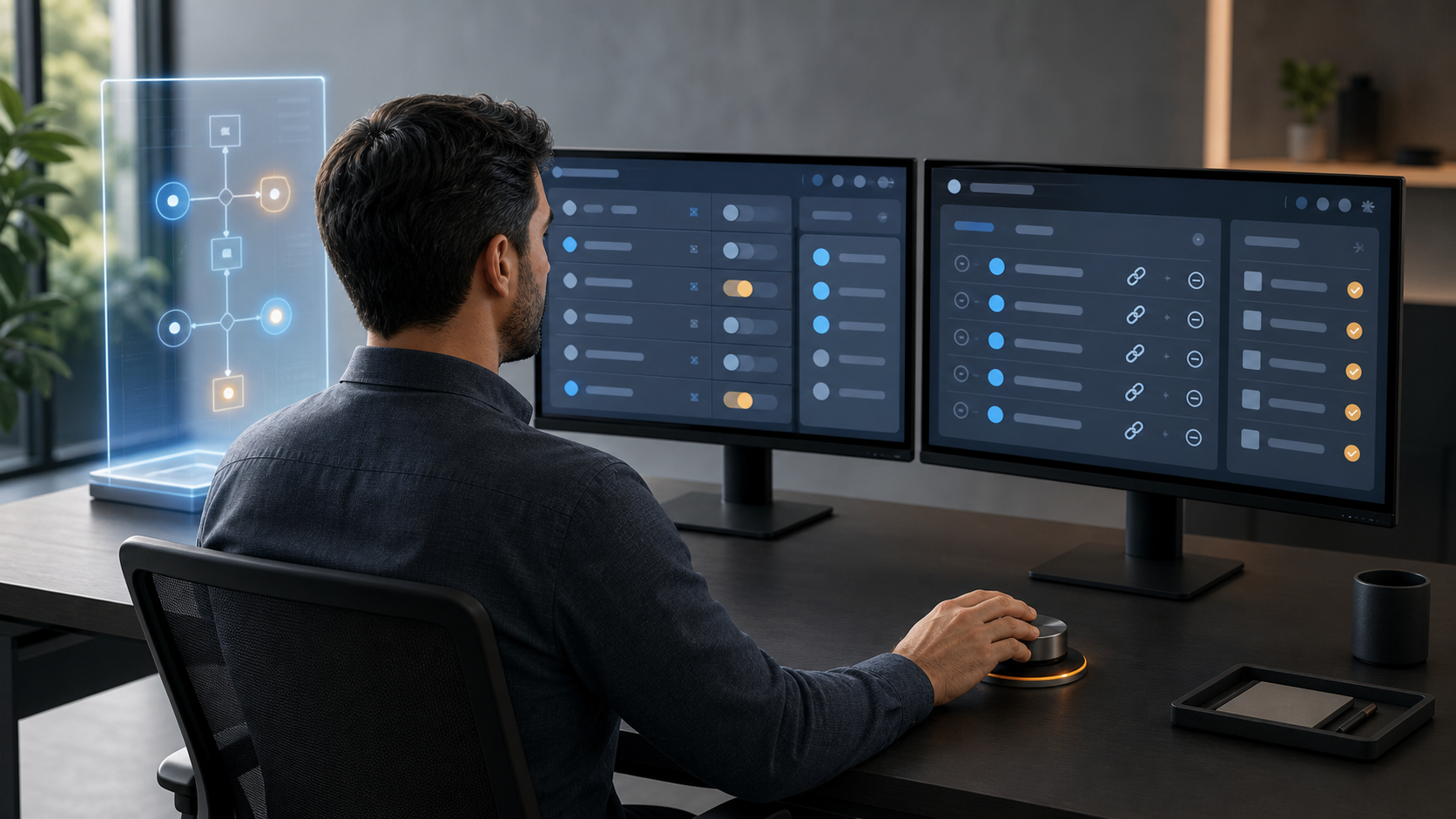 A paid media specialist supervises an abstract advertising account editor on two monitors, with protected campaign groups and a contained automation zone.
