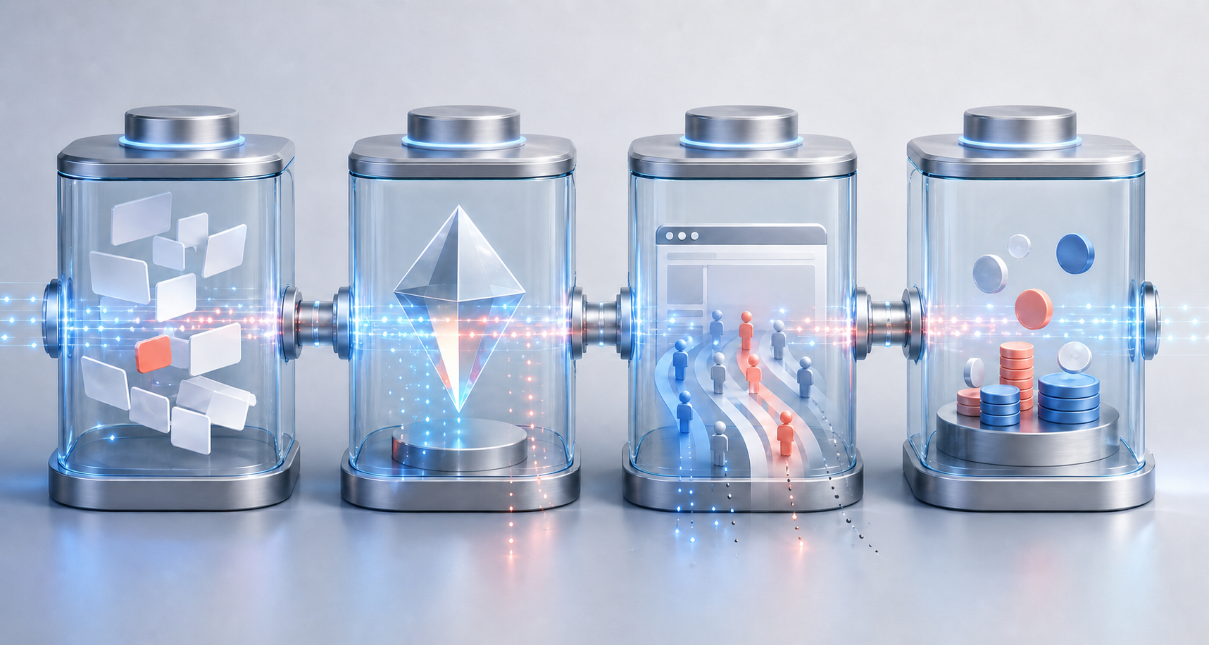 Four connected transparent chambers represent AI exposure, response quality, website behavior, and commercial outcomes.
