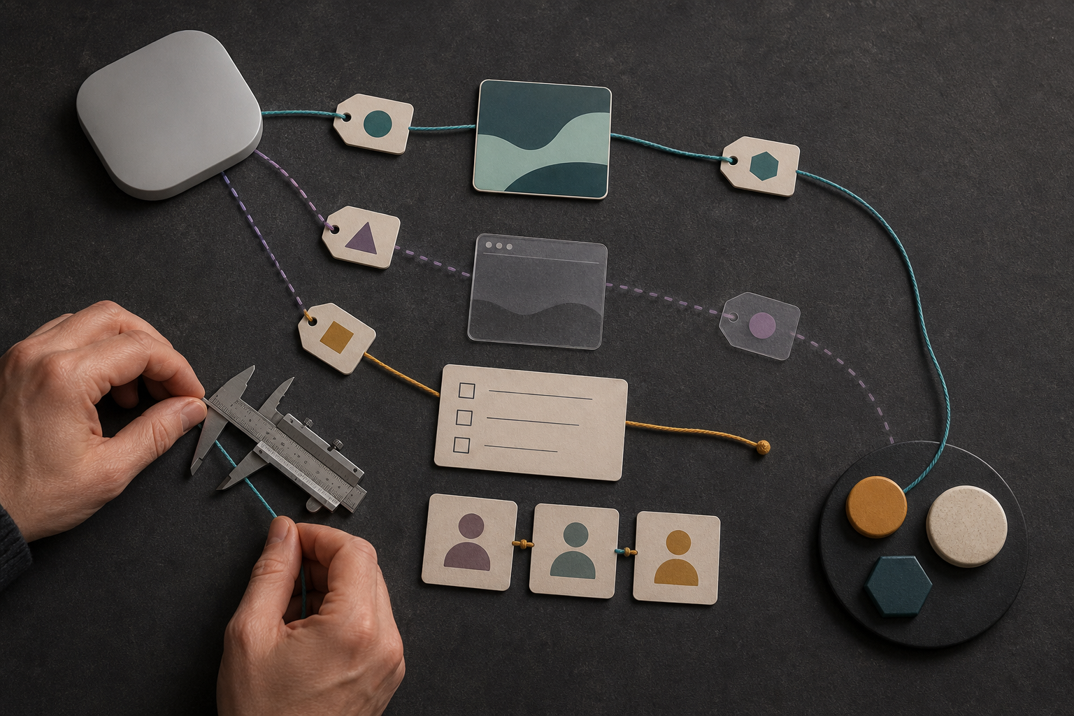 An analyst's hands examine several evidence paths between an abstract AI response, website activity, sales opportunities, and revenue tokens.
