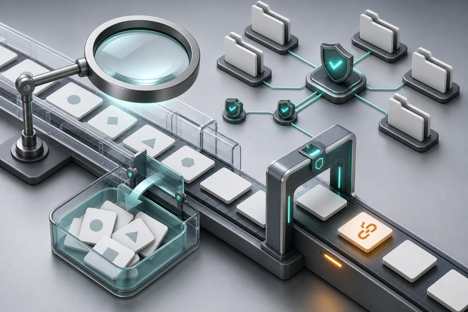 A magnifying lens inspects abstract search-query cards while irrelevant items are excluded and a broken destination link is flagged.