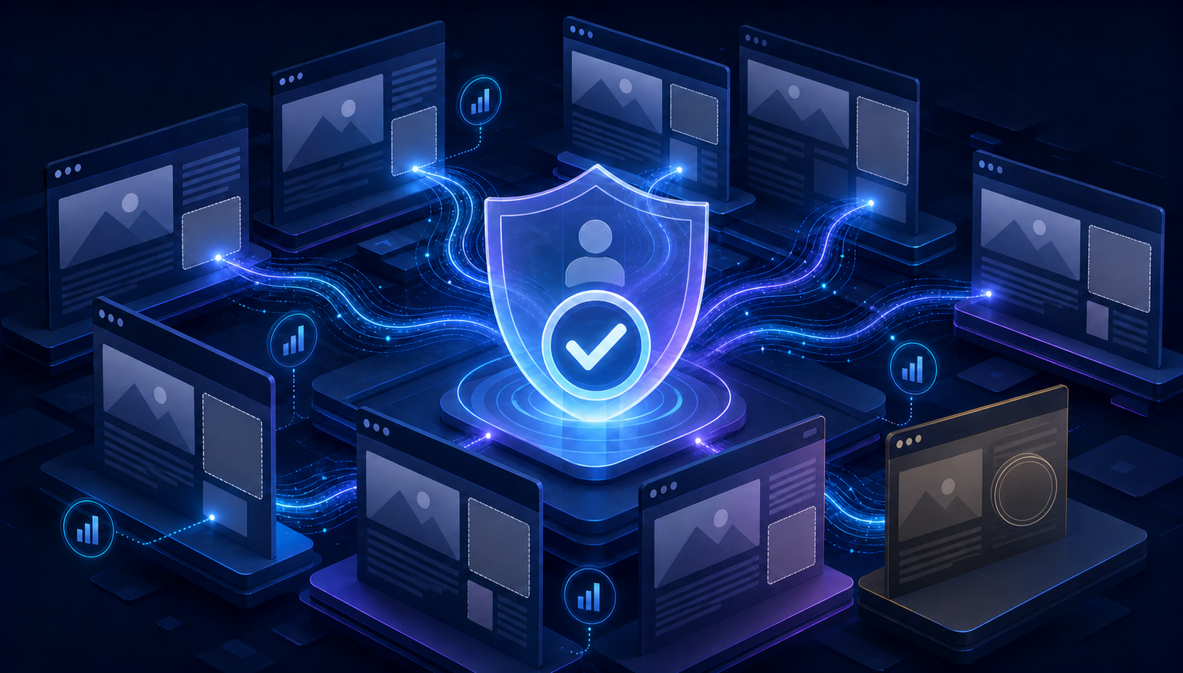 Layered website pages with ad placeholders connected by an analytics signal, a privacy shield, and one uncovered page with a dimmed revenue token.
