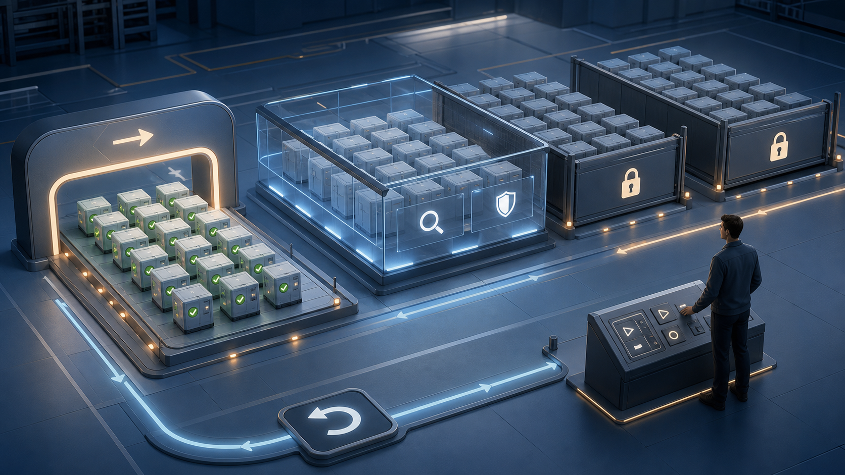 Campaign modules move through an upgrade process in separated batches while an operator monitors testing and a rollback lane.