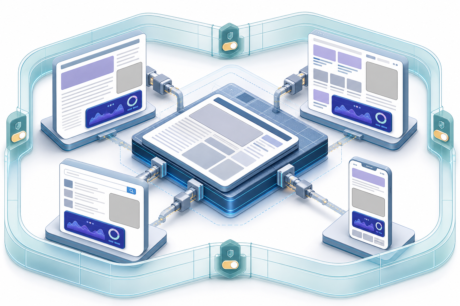 A central website template branching into several page layouts, each with an ad placeholder, analytics module, and shared consent layer.