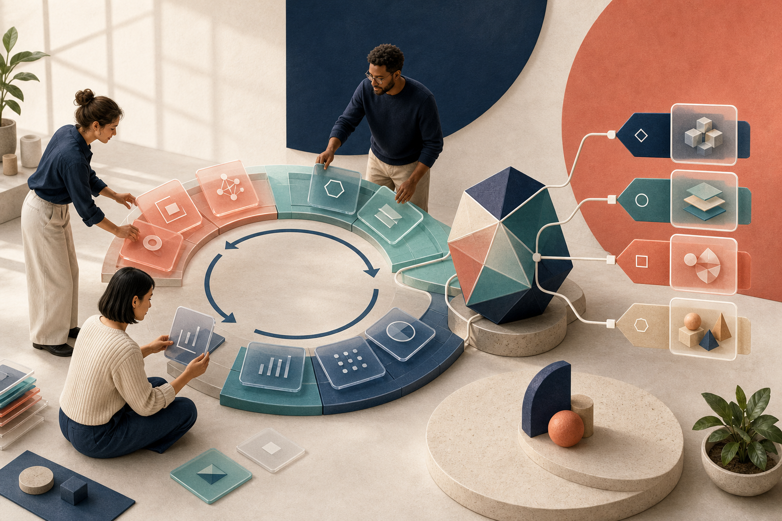 Agency strategists arrange modular evidence and content tiles in a circular workflow leading to an abstract answer engine.