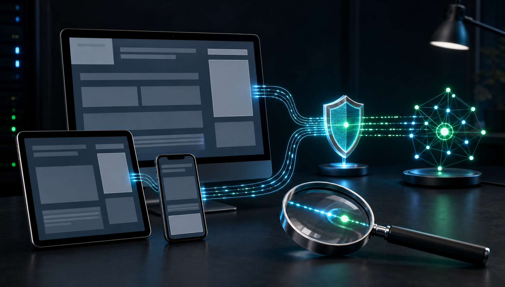 Desktop, tablet, and phone displaying abstract publisher pages while a magnifying lens highlights an active consent and analytics connection.