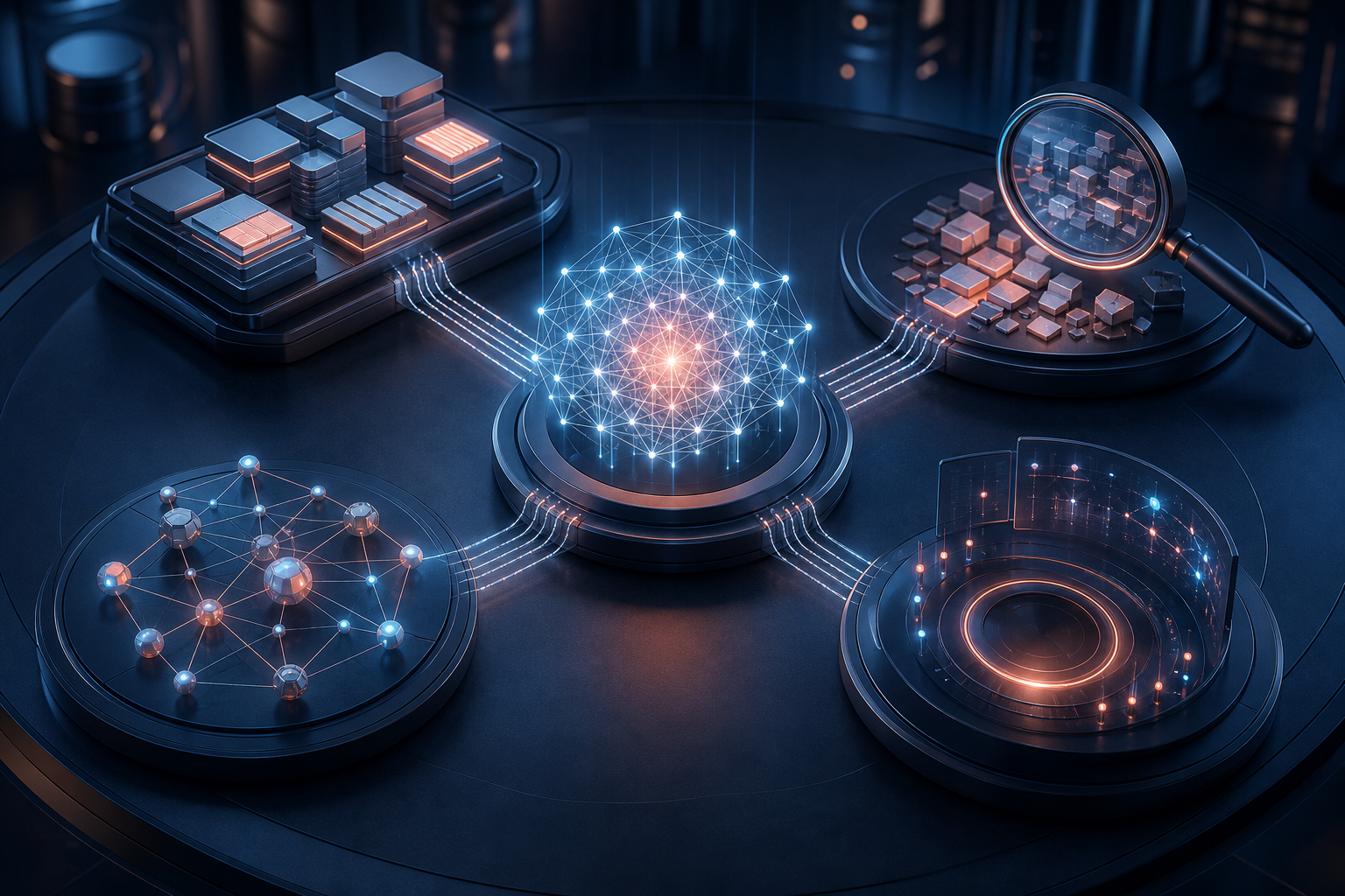 Four abstract workstations for content, research, technical systems, and monitoring connect to a central glowing AI lattice.