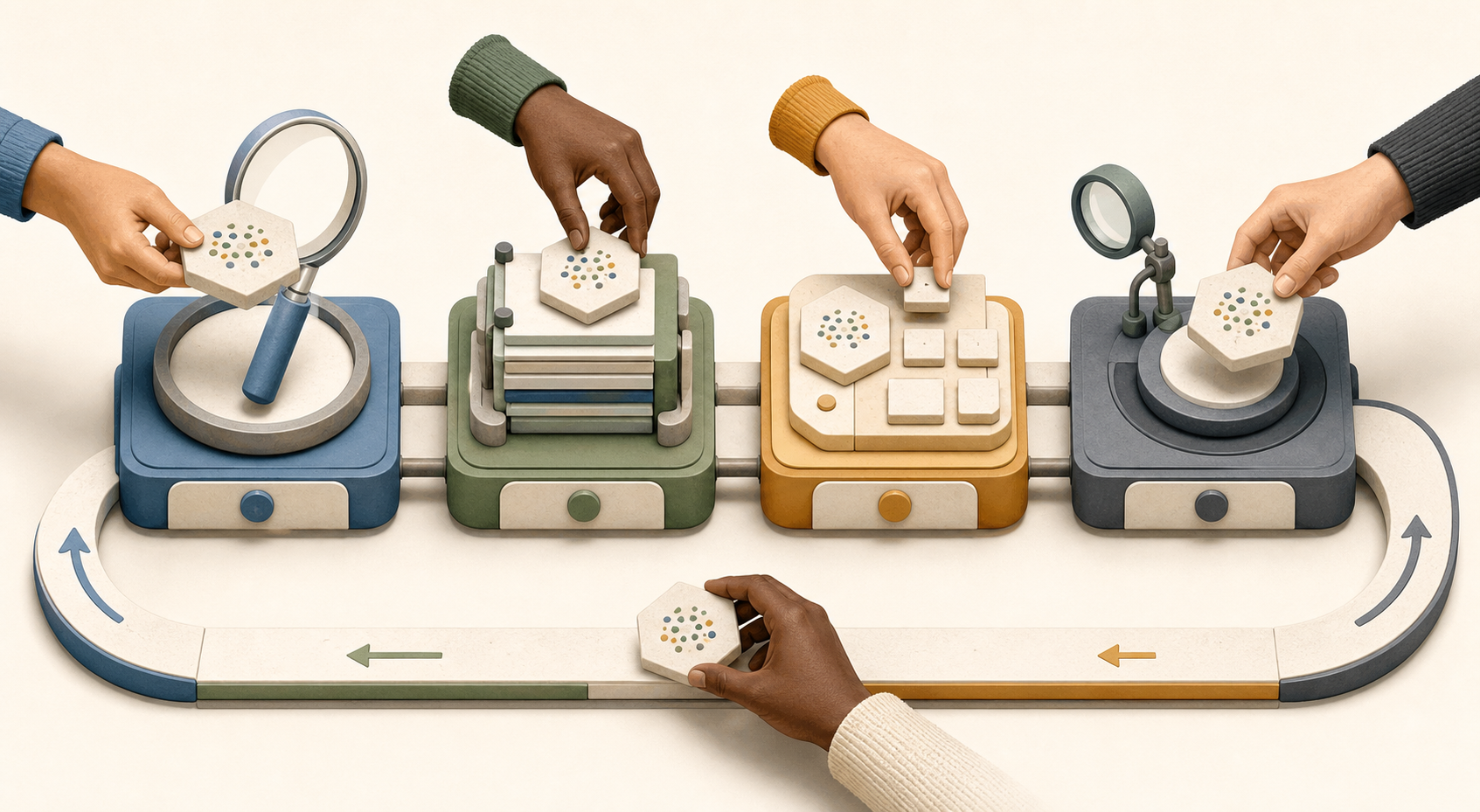 Professional hands move a modular content unit through research, evidence, refinement, and quality-review stations.