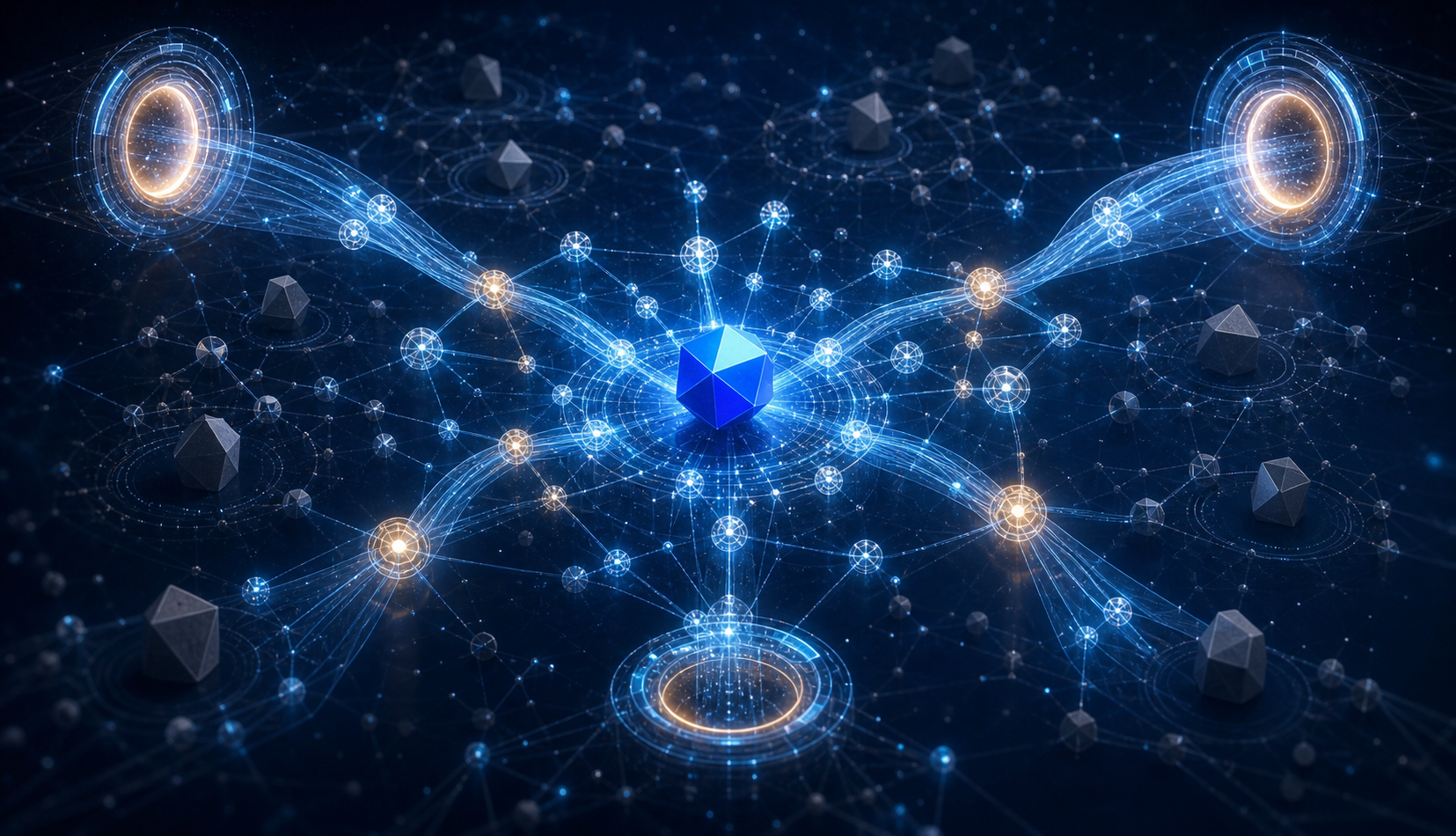 A blue geometric object stands at the center of a glowing network, with connected evidence paths leading toward several abstract answer portals.