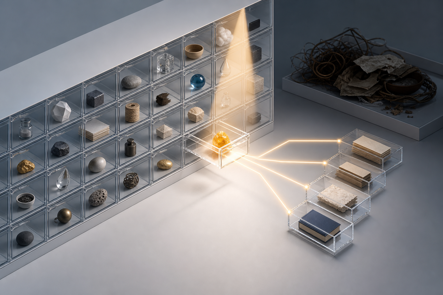 A beam of light selects one organized evidence module from a grid of transparent drawers connected to matching source records.