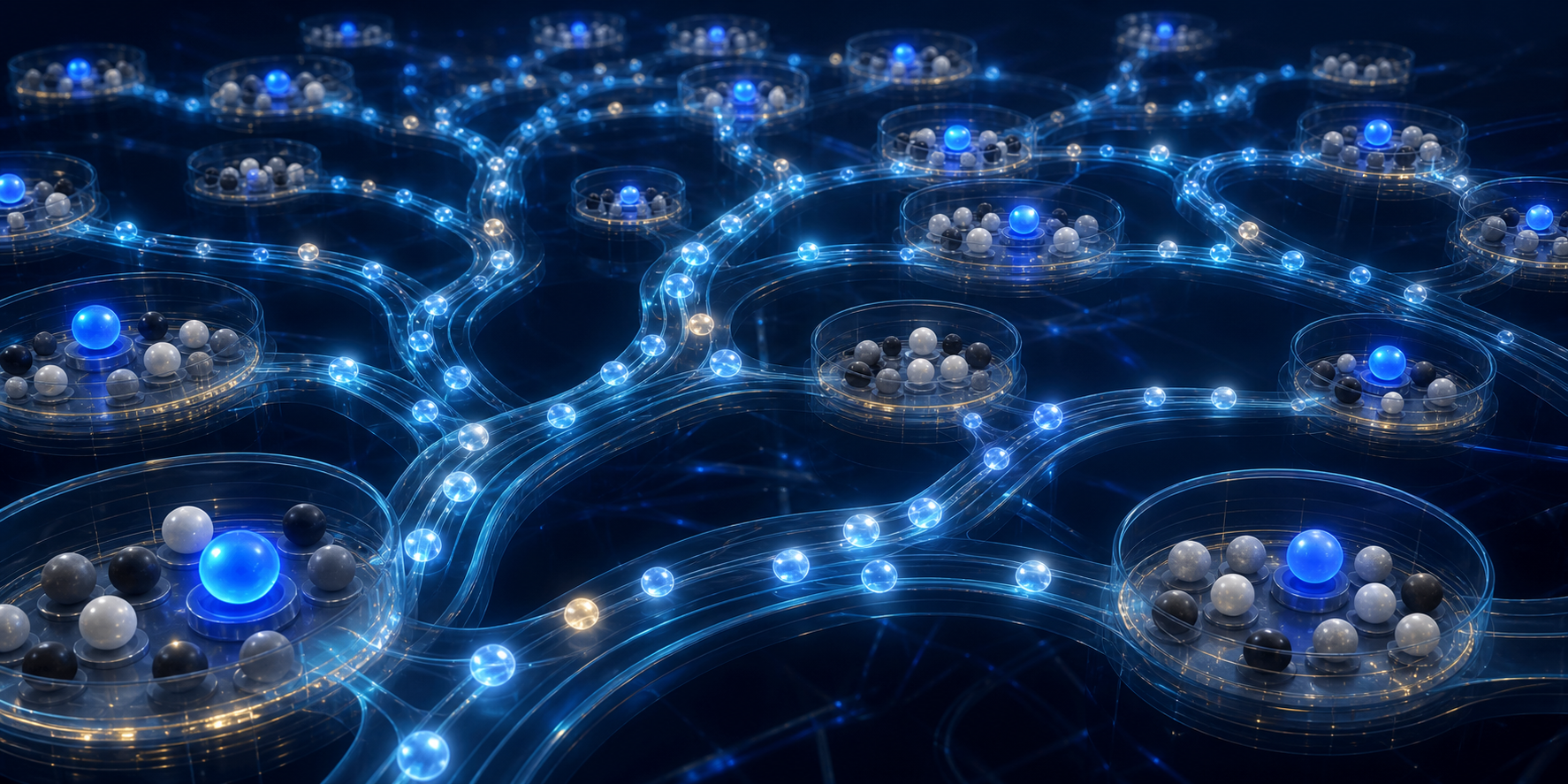 Glowing orbs move through branching channels into multiple answer chambers where a blue token appears with different levels of prominence.