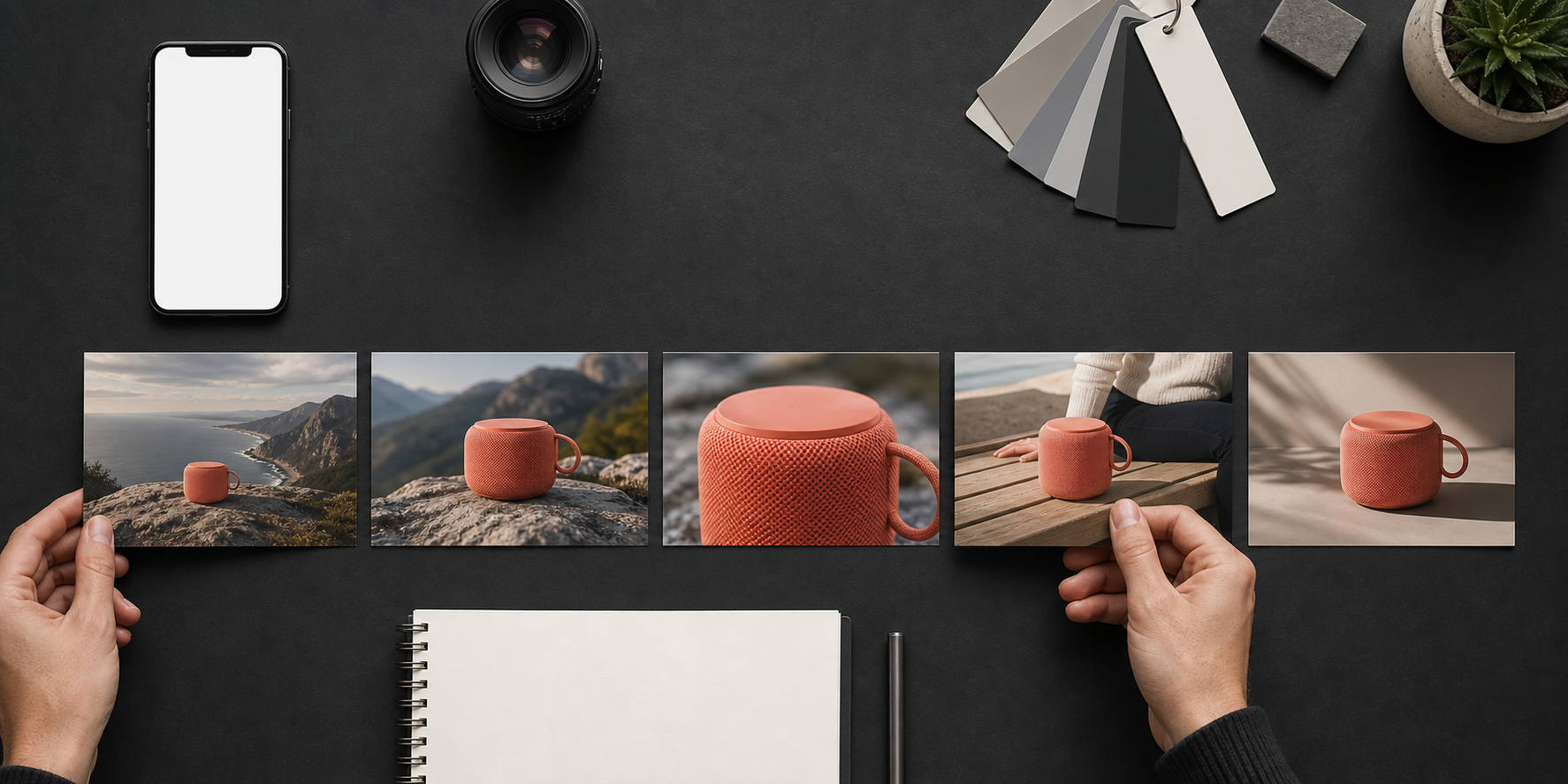A designer arranges five coordinated image cards in a horizontal sequence beside a smartphone on a dark worktable.