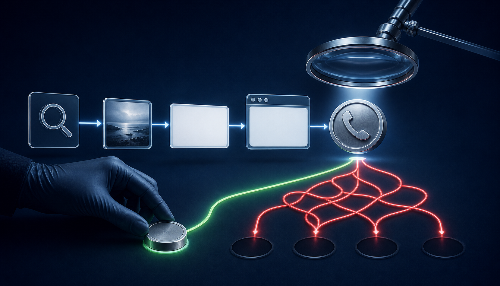 A magnifying lens examines a telephone handset token in a connected campaign chain with clean green and tangled red pathways.
