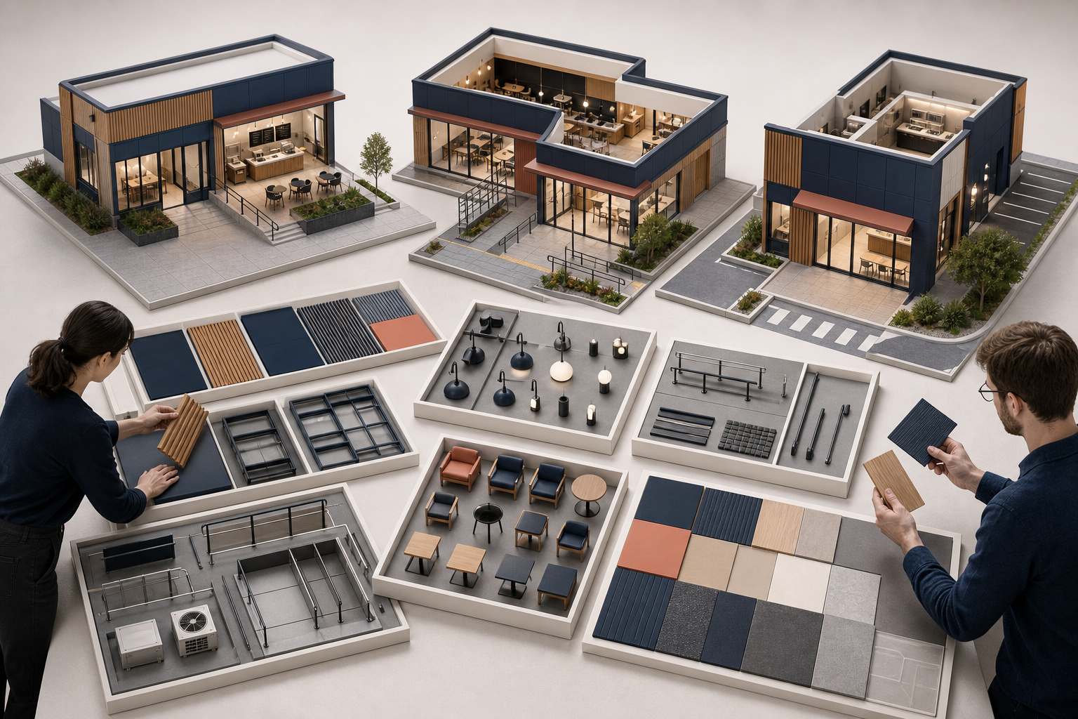 Designers and engineers assemble three differently shaped storefront models from the same organized set of facade, interior, lighting, and mechanical components.