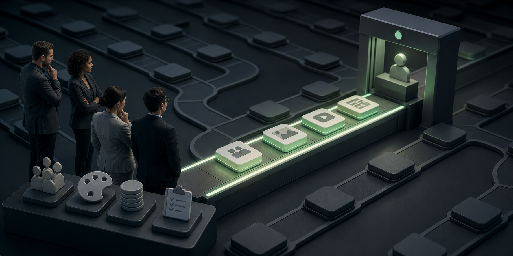 Marketing professionals observe campaign tiles moving through a controlled pilot pathway while other routes remain unopened.