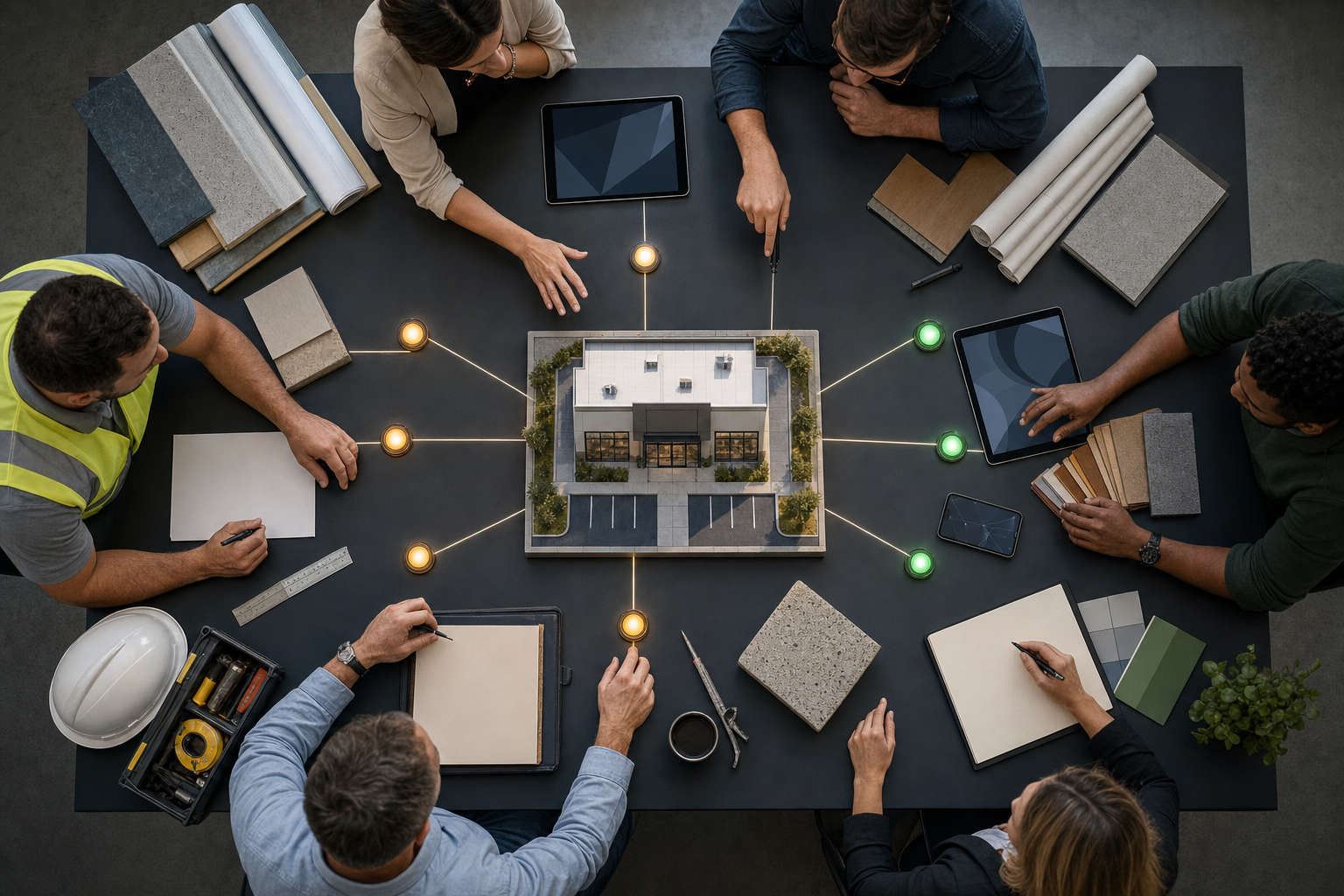 A cross-functional team coordinates around a storefront model, with inspection tools, digital devices, material samples, and connected status lights arranged on the table.